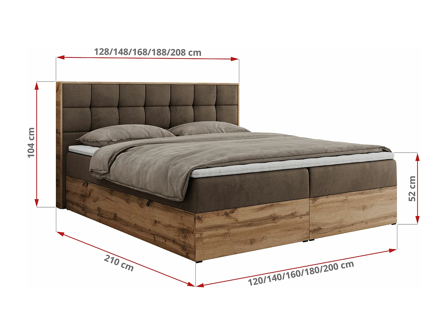 Boxspringbett ALBERO 1, Polsterbett mit gestepptem Kopfteil, Multipocket-Matratze - 200x200 cm - H3 - Braun Velvet