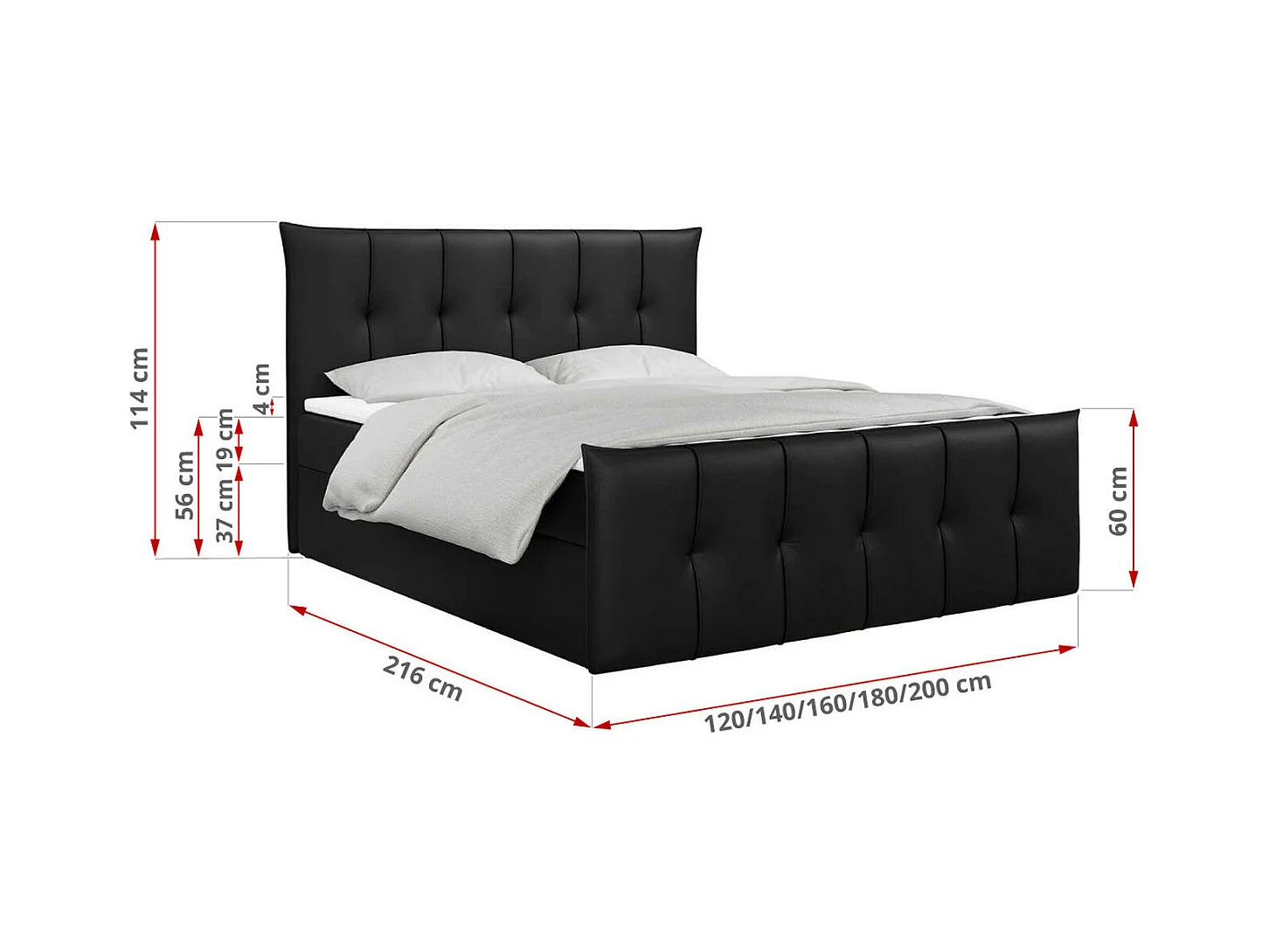 Boxspringbett PREMIUM 11 mit Stauraum, gestepptem Kopfteil, Multipocket-Matratze und Topper - 160x200 cm - H4 - Schwarz Kunstleder