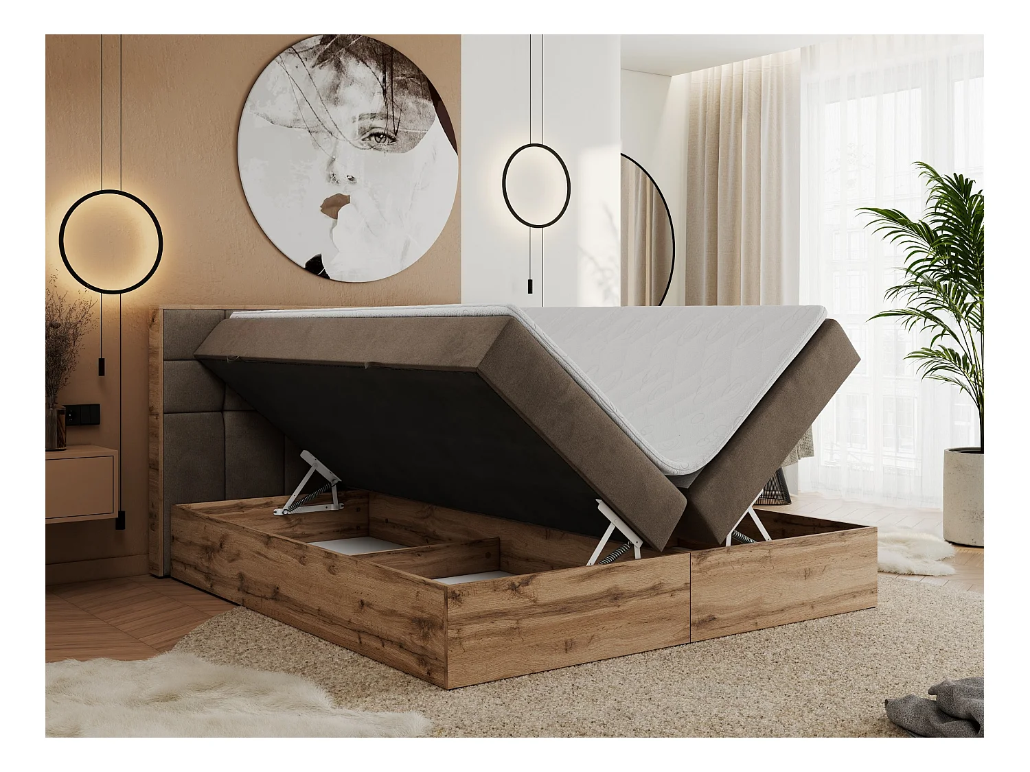 Boxspringbett ALBERO 1, Polsterbett mit gestepptem Kopfteil, Multipocket-Matratze - 140x200 cm - H3 - Braun Velvet