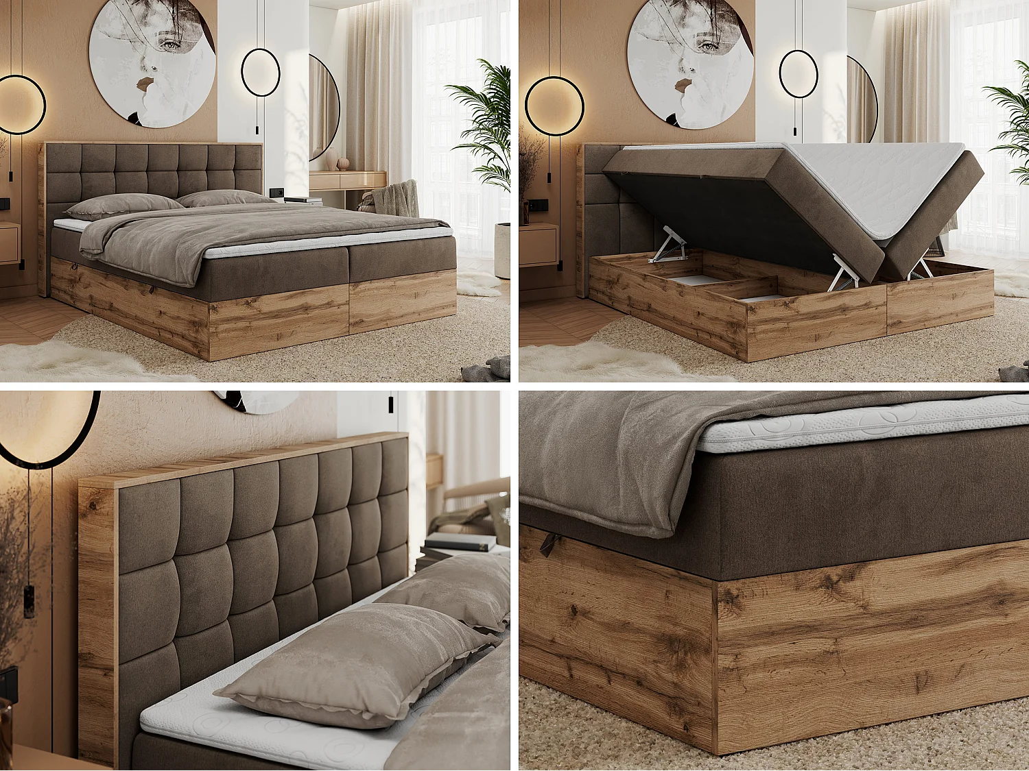 Boxspringbett ALBERO 1, Polsterbett mit gestepptem Kopfteil, Multipocket-Matratze - 140x200 cm - H3 - Braun Velvet