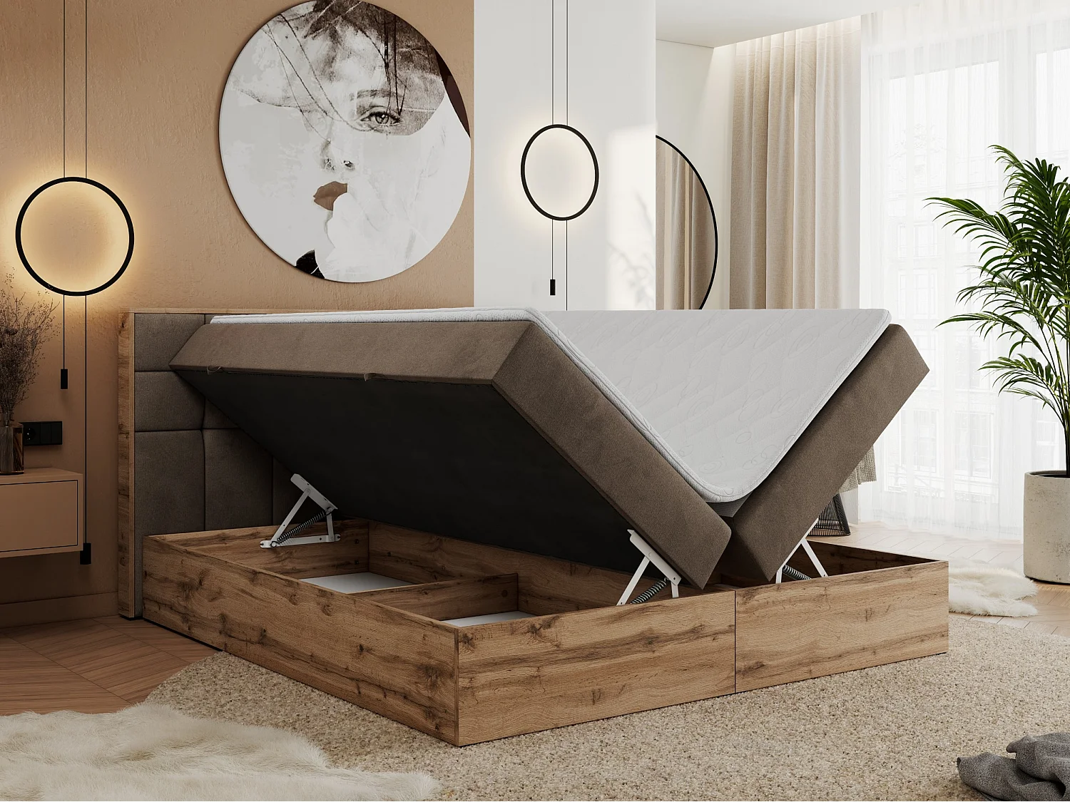 Boxspringbett ALBERO 1, Polsterbett mit gestepptem Kopfteil, Multipocket-Matratze - 140x200 cm - H3 - Braun Velvet