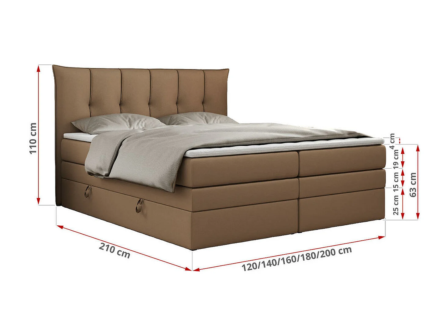Boxspringbett PREMIUM 10 KING, Doppelbett mit Stauraum, gesteppte Kopfstütze, Multipocket-Matratze - 120x200 cm - H3 - Braun Kunstleder