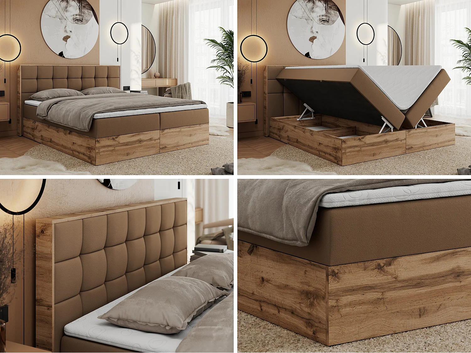 Boxspringbett ALBERO 1, Polsterbett mit gestepptem Kopfteil, Multipocket-Matratze - 200x200 cm - H3 - Braun Kunstleder