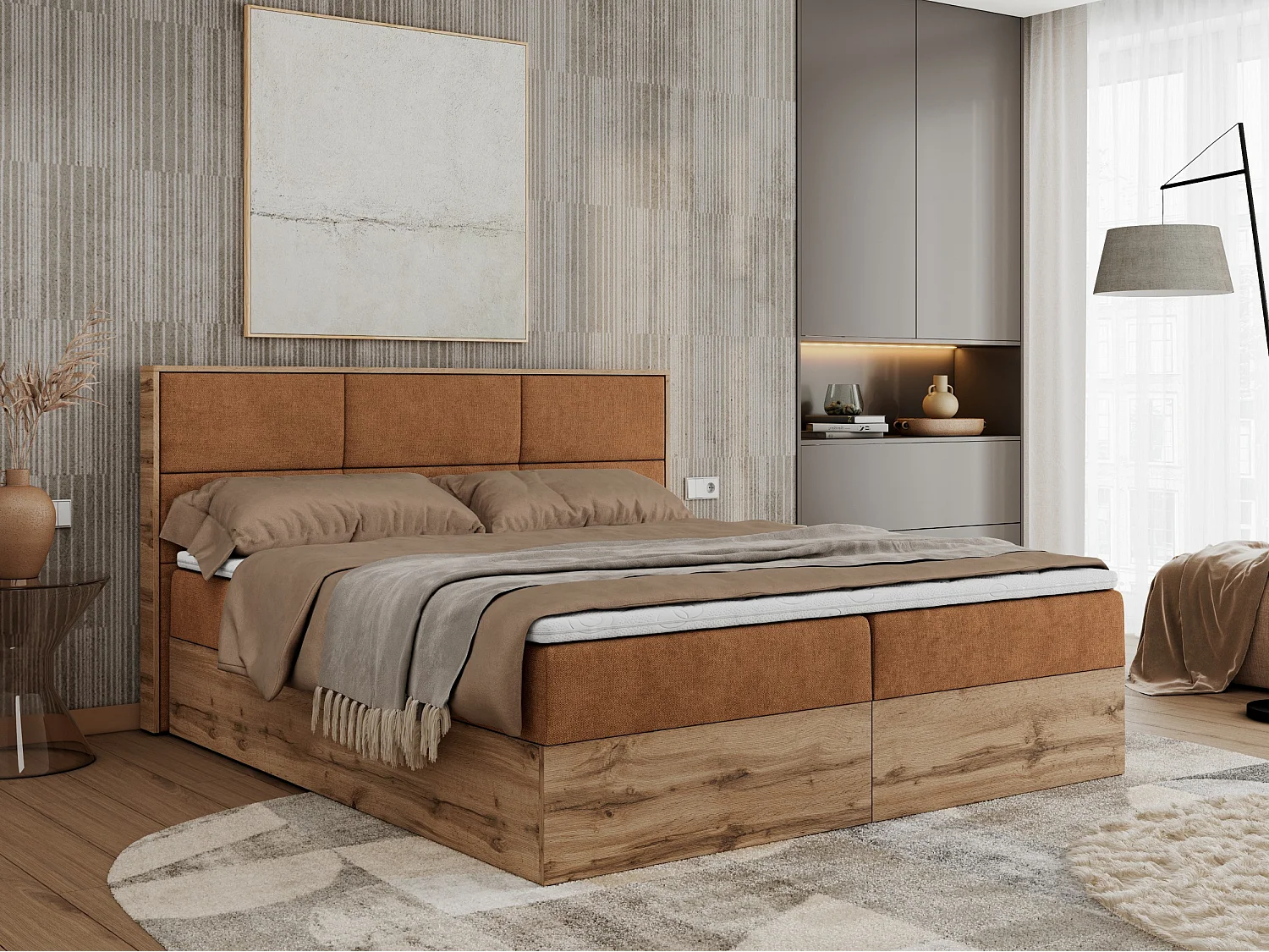 Boxspringbett ALBERO 2 mit Topper und Multipocket-Matratze, Stauraum, Holzrahmen - 140x200 cm - H3 - Orange Strukture