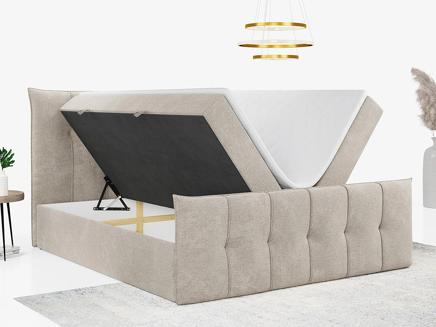 Boxspringbett PREMIUM 11 mit Stauraum, gestepptem Kopfteil, Multipocket-Matratze und Topper - 180x200 cm - H4 - Beige Strukture