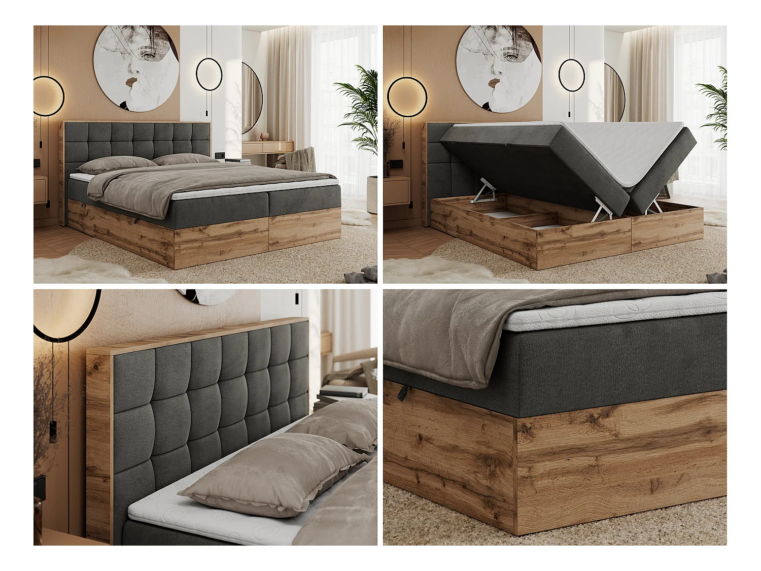Boxspringbett ALBERO 1, Polsterbett mit gestepptem Kopfteil, Multipocket-Matratze - 200x200 cm - H3 - Dunkelgrau Velvet