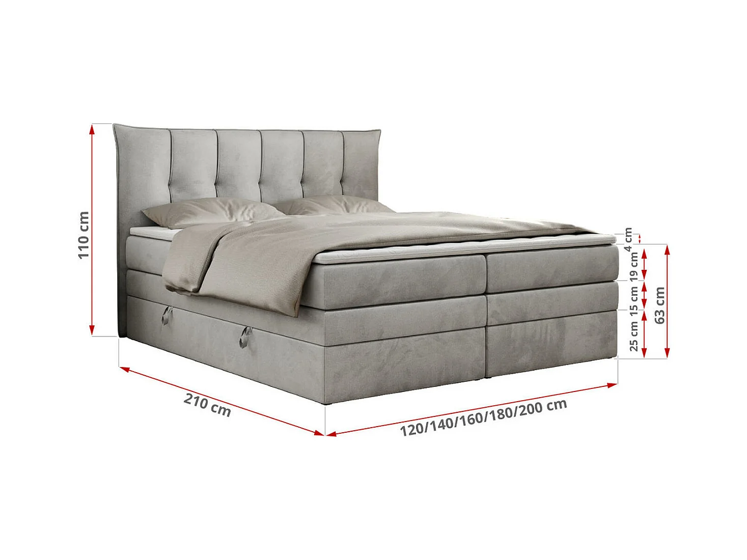 Boxspringbett PREMIUM 10 KING, Doppelbett mit Stauraum, gesteppte Kopfstütze, Multipocket-Matratze - 160x200 cm - H3 - Hellgrau Velvet