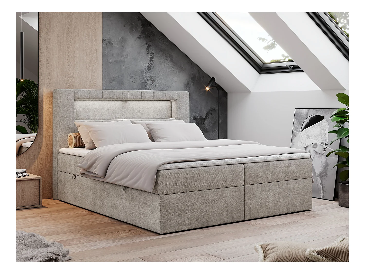 Boxspringbett GOLD 5 mit Multipocket-Matratze und LED, zwei Bettkästen - 160x200 cm - H4 - Beige Strukture