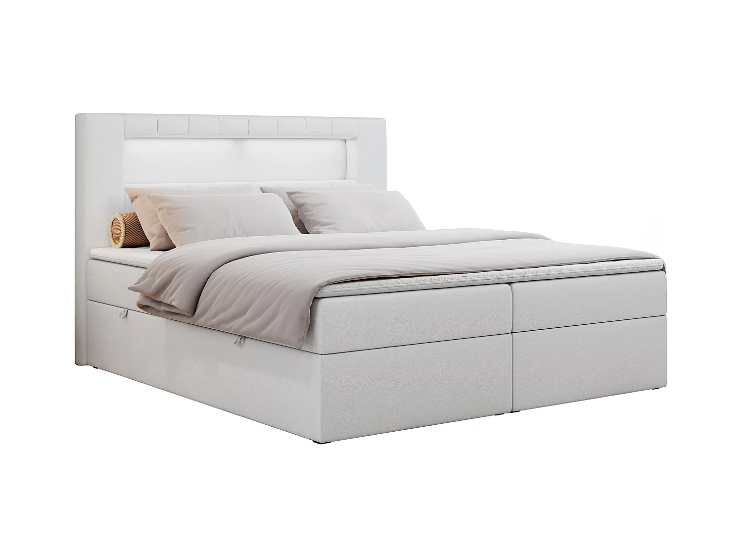 Boxspringbett GOLD 5 mit Multipocket-Matratze und LED, zwei Bettkästen - 140x200 cm - H4 - Weiß Kunstleder