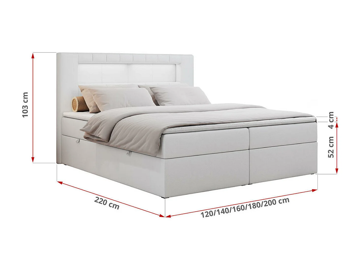 Boxspringbett GOLD 5 mit Multipocket-Matratze und LED, zwei Bettkästen - 140x200 cm - H4 - Weiß Kunstleder