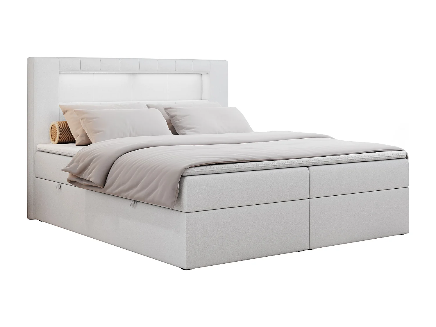 Boxspringbett GOLD 5 mit Multipocket-Matratze und LED, zwei Bettkästen - 140x200 cm - H4 - Weiß Kunstleder