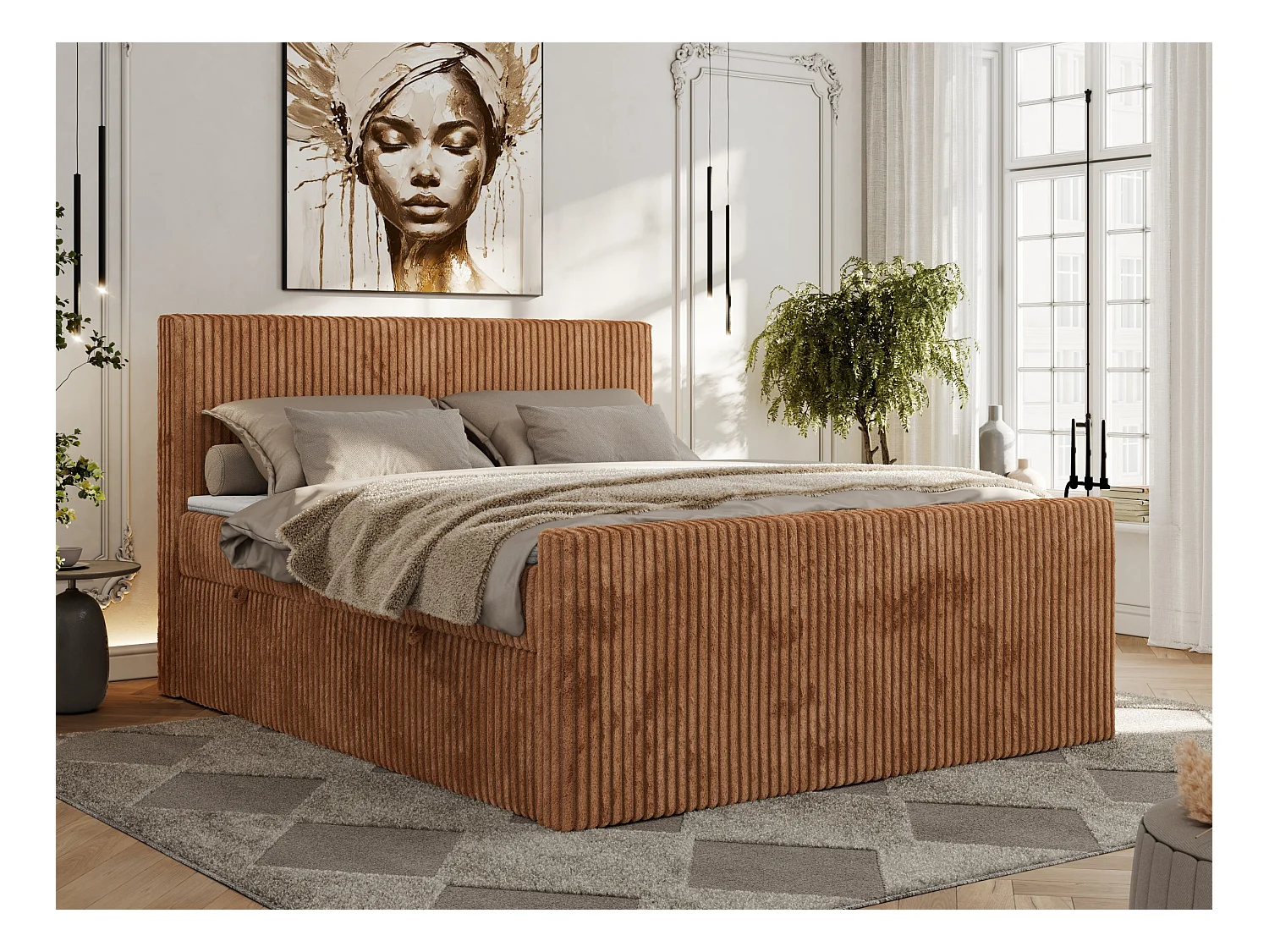 Boxspringbett TILIANO DUO mit gepolstertem Fußteil, Cord Bett, Multipocket-Matratze - 140x200 cm - H3 - Orange Cord