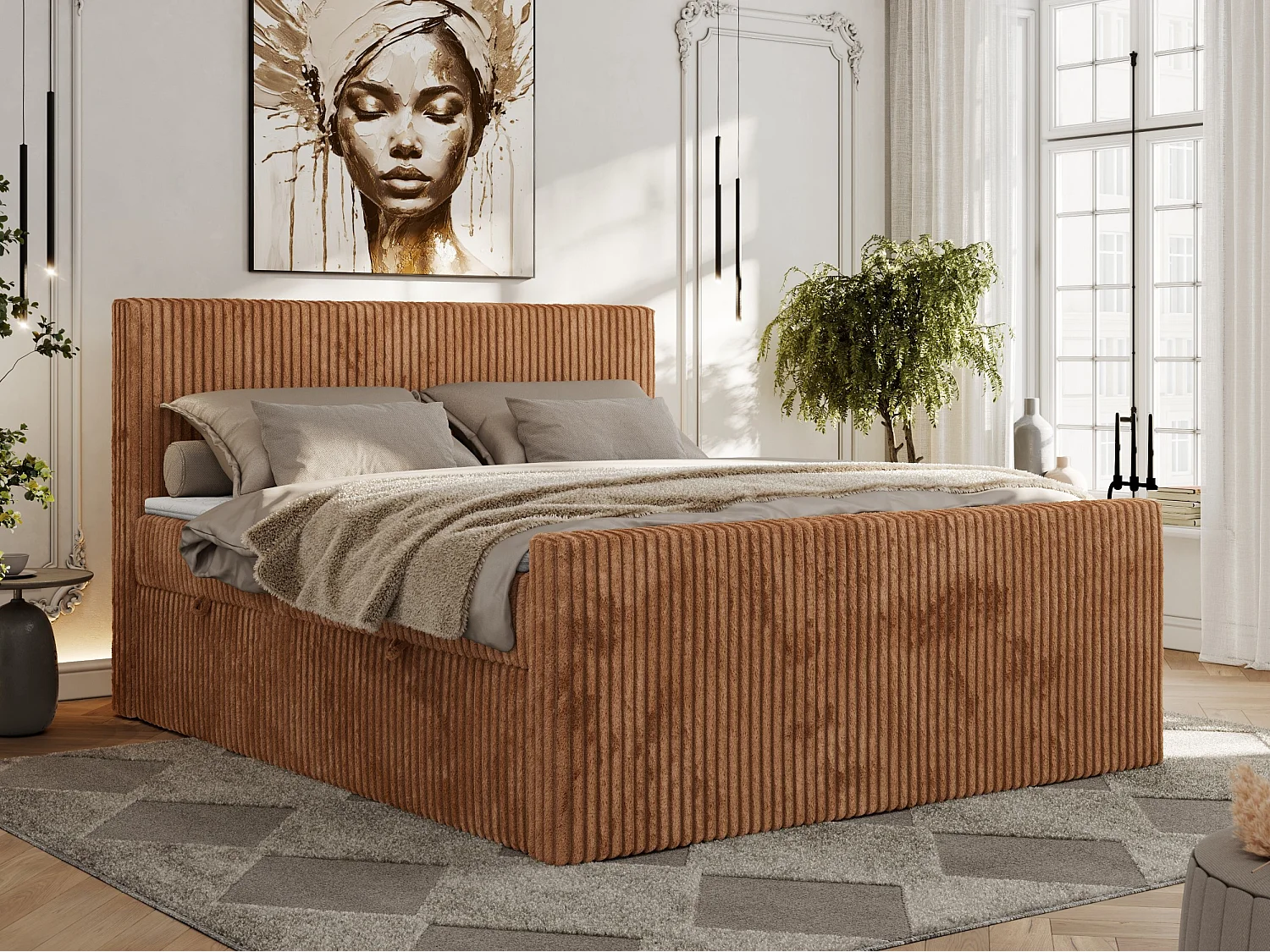 Boxspringbett TILIANO DUO mit gepolstertem Fußteil, Cord Bett, Multipocket-Matratze - 140x200 cm - H3 - Orange Cord