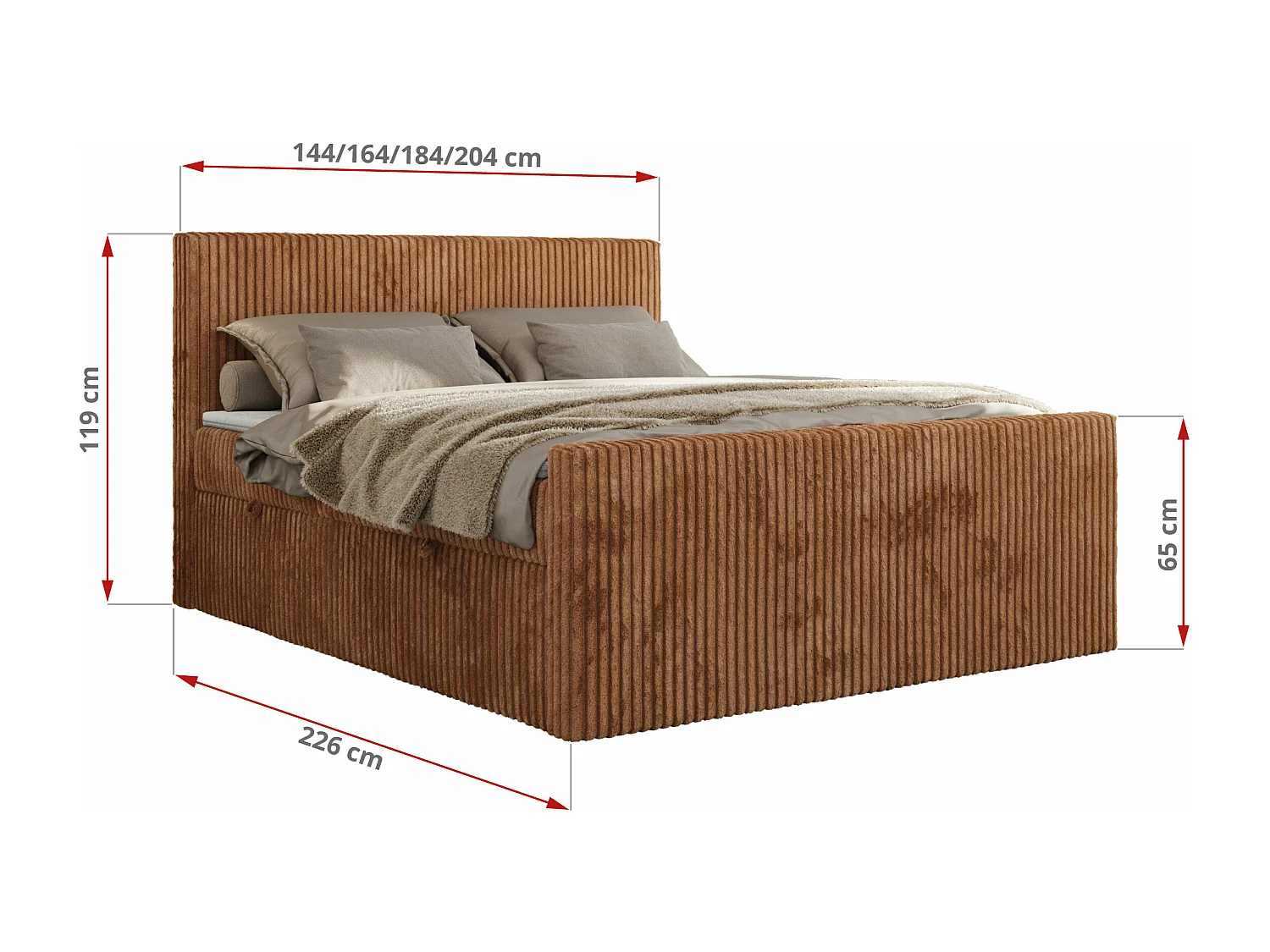 Boxspringbett TILIANO DUO mit gepolstertem Fußteil, Cord Bett, Multipocket-Matratze - 140x200 cm - H3 - Orange Cord