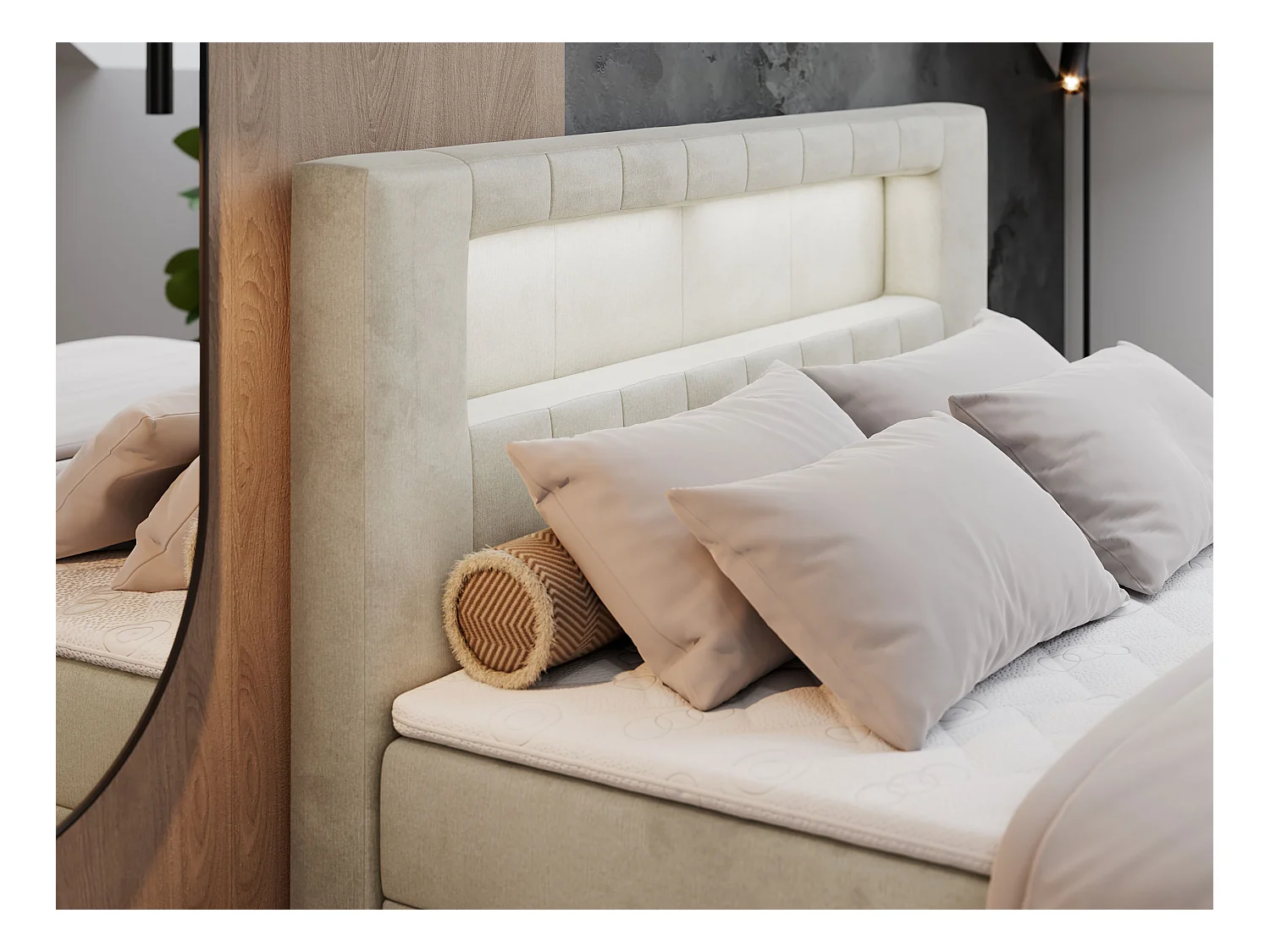 Boxspringbett GOLD 5 mit Multipocket-Matratze und LED, zwei Bettkästen - 140x200 cm - H4 - Beige Velvet