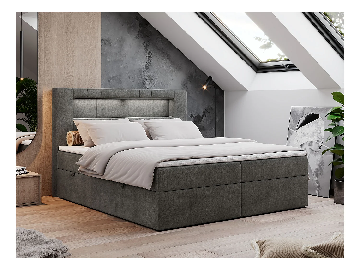 Boxspringbett GOLD 5 mit Multipocket-Matratze und LED, zwei Bettkästen - 140x200 cm - H4 - Dunkelgrau Velvet