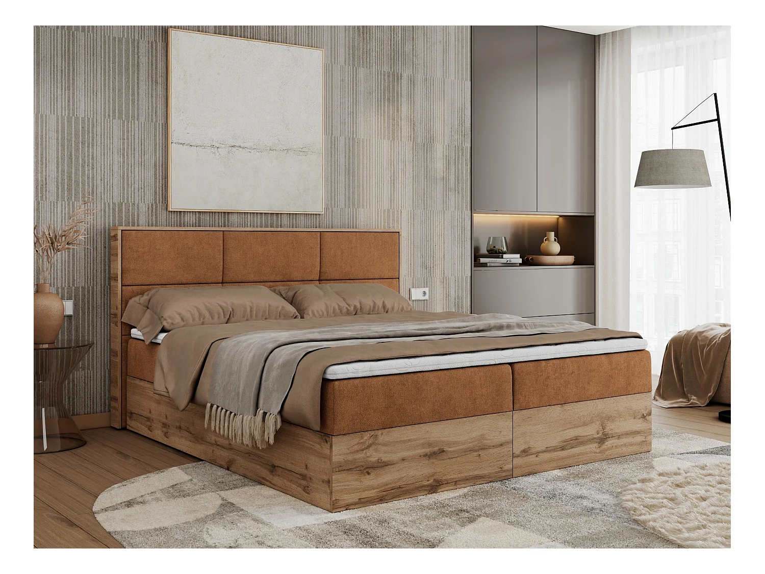 Boxspringbett ALBERO 2 mit Topper und Multipocket-Matratze, Stauraum, Holzrahmen - 200x200 cm - H3 - Orange Strukture