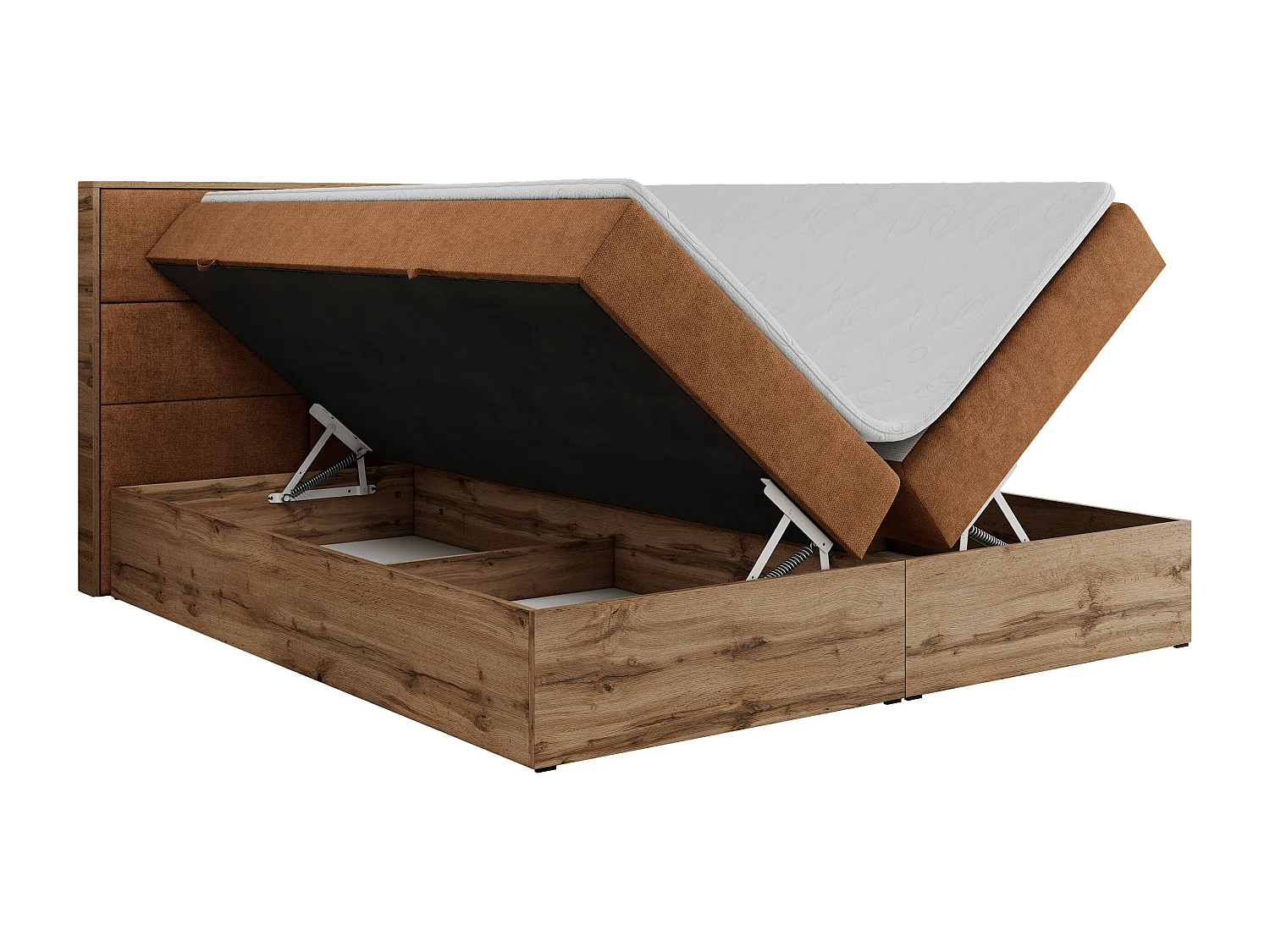 Boxspringbett ALBERO 2 mit Topper und Multipocket-Matratze, Stauraum, Holzrahmen - 200x200 cm - H3 - Orange Strukture