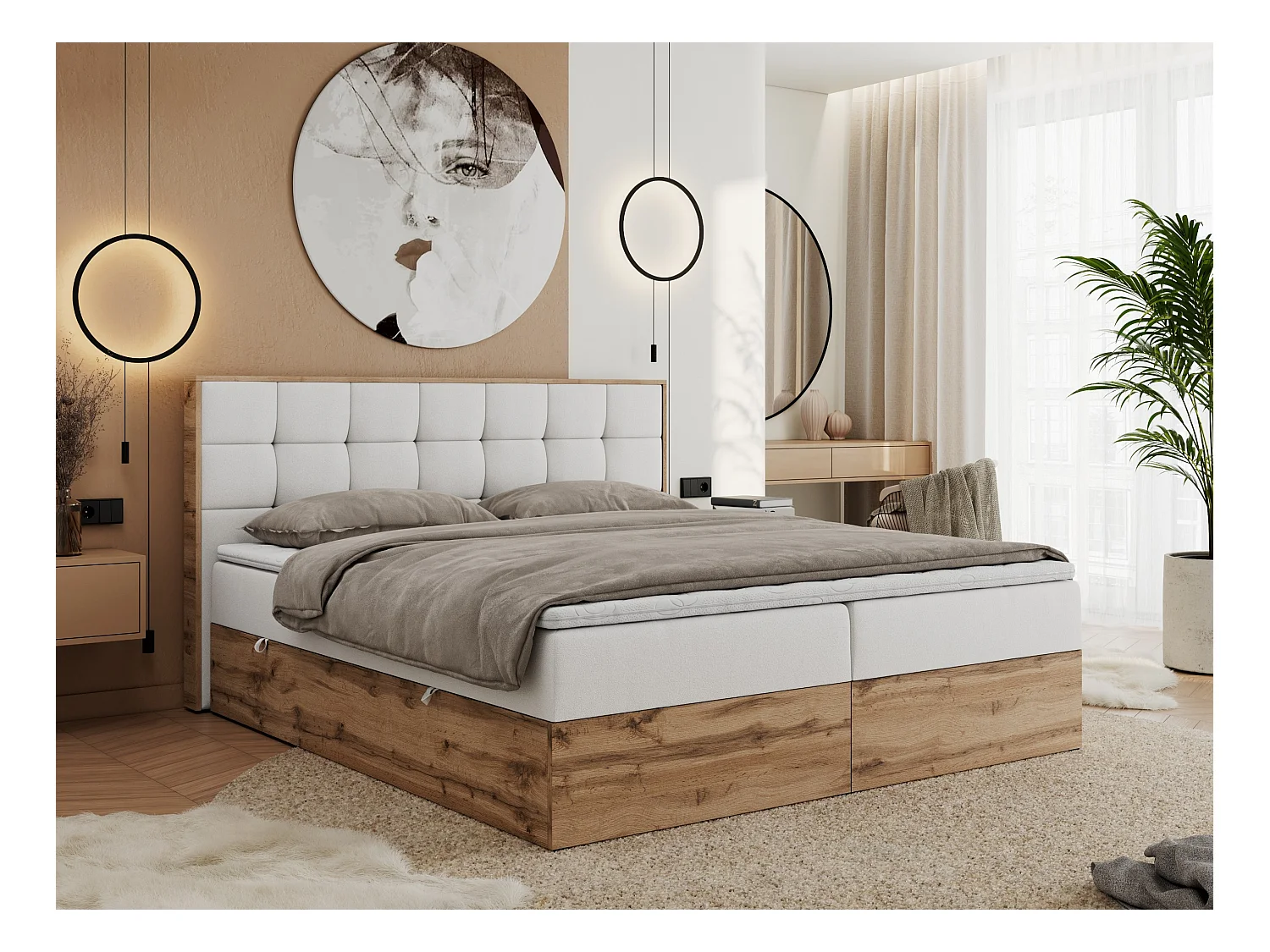 Boxspringbett ALBERO 1, Polsterbett mit gestepptem Kopfteil, Multipocket-Matratze - 160x200 cm - H3 - Weiß Kunstleder