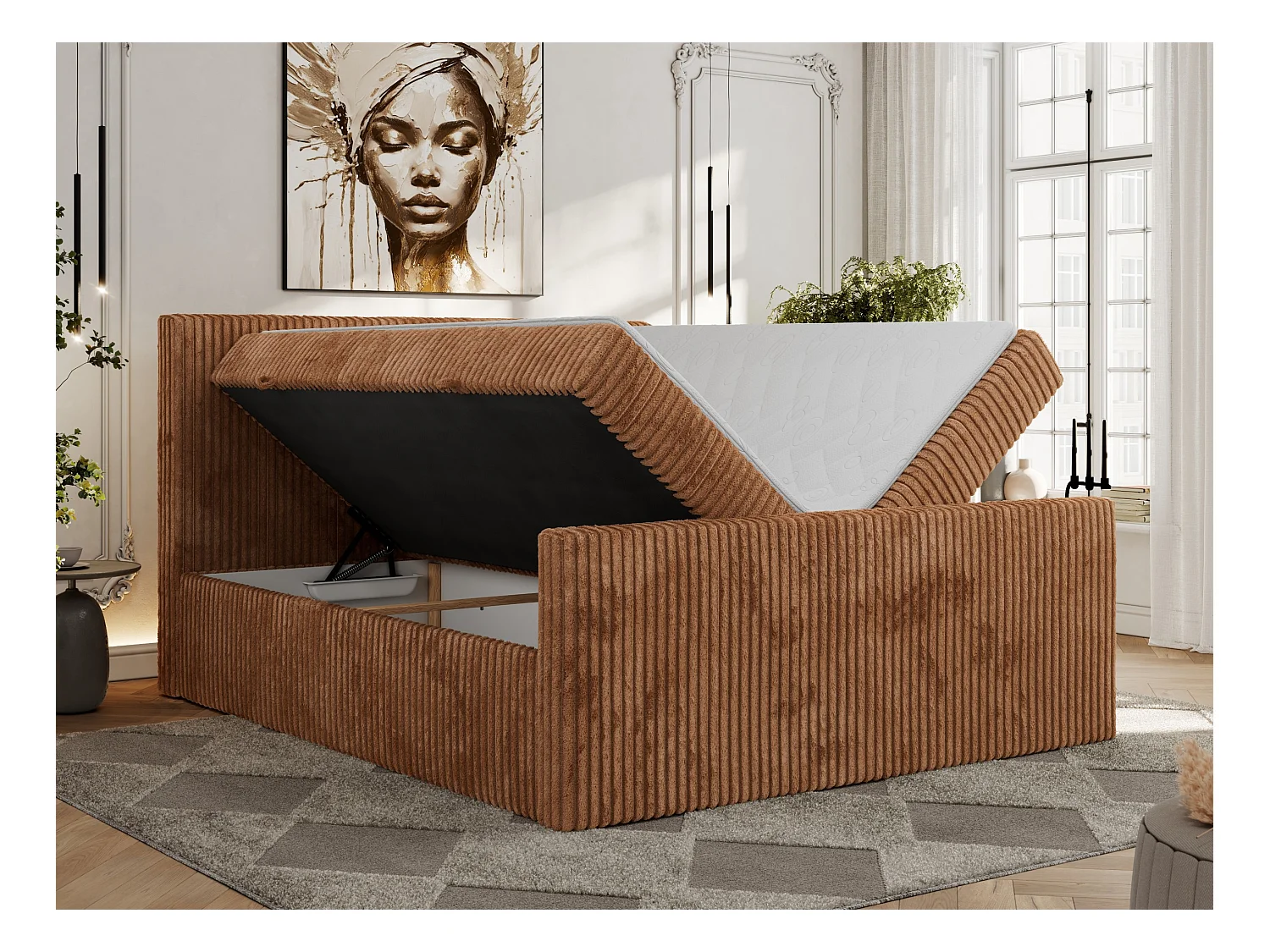 Boxspringbett TILIANO DUO mit gepolstertem Fußteil, Cord Bett, Multipocket-Matratze - 200x200 cm - H3 - Orange Cord