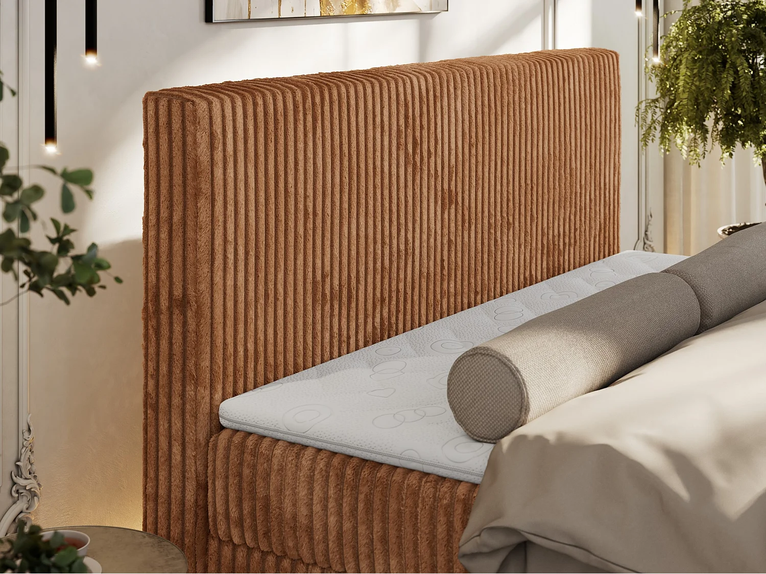 Boxspringbett TILIANO DUO mit gepolstertem Fußteil, Cord Bett, Multipocket-Matratze - 200x200 cm - H3 - Orange Cord