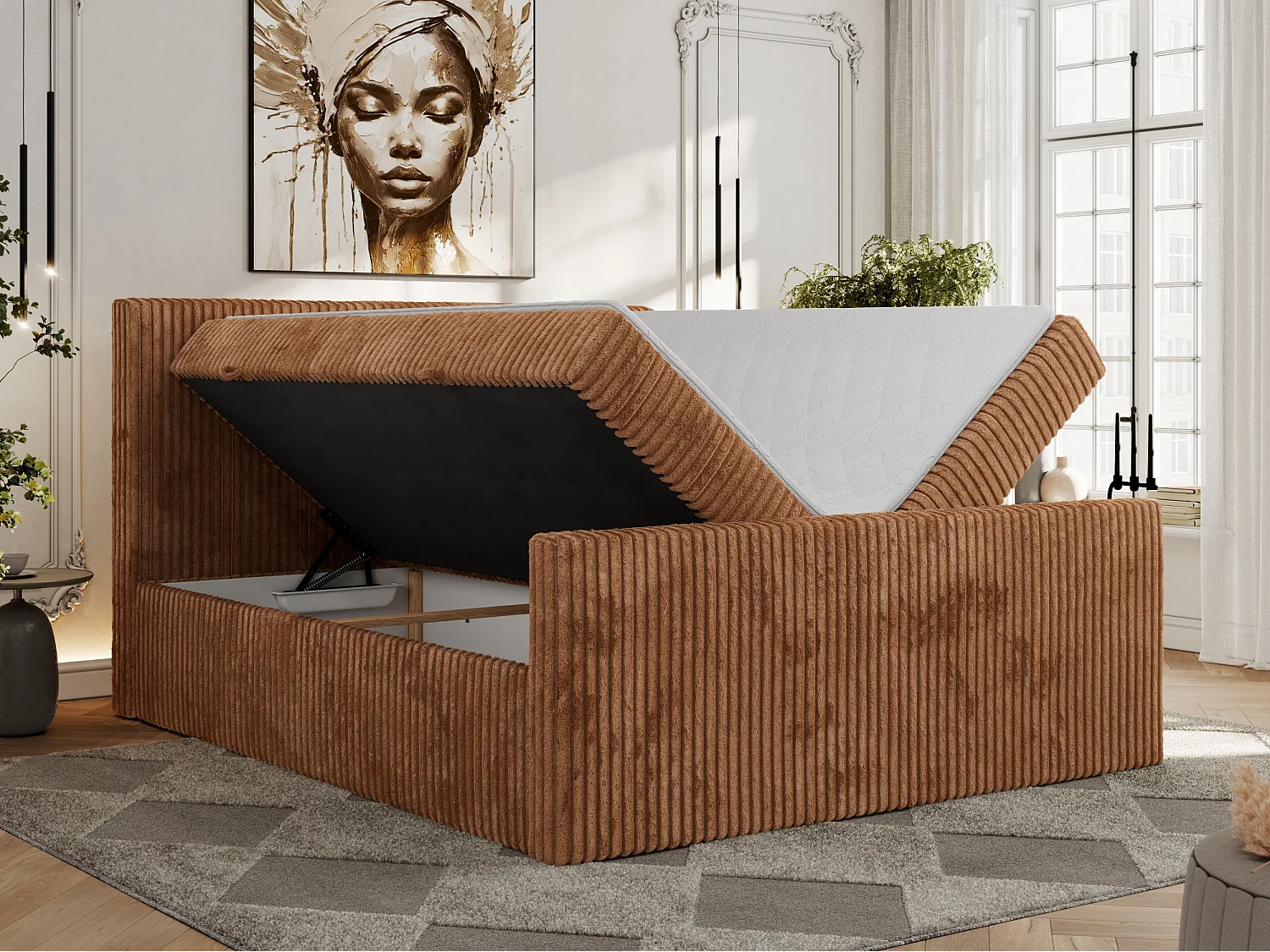 Boxspringbett TILIANO DUO mit gepolstertem Fußteil, Cord Bett, Multipocket-Matratze - 200x200 cm - H3 - Orange Cord