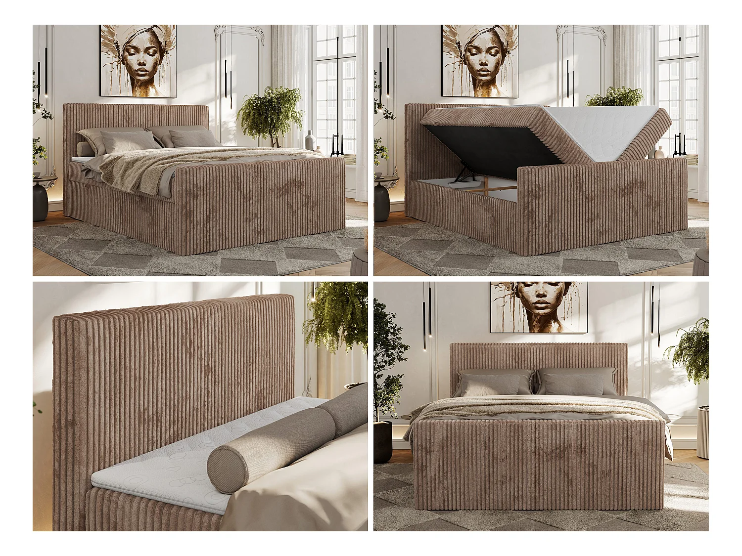 Boxspringbett TILIANO DUO mit gepolstertem Fußteil, Cord Bett, Multipocket-Matratze - 160x200 cm - H3 - Braun Cord