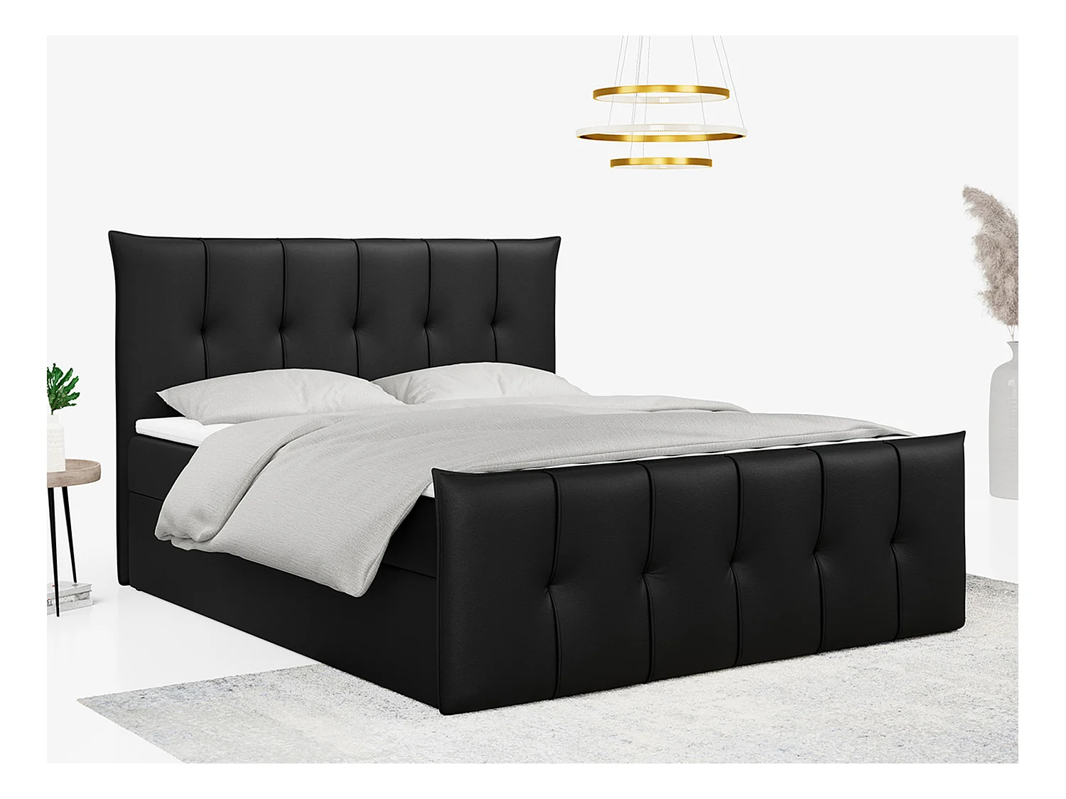 Boxspringbett PREMIUM 11 mit Stauraum, gestepptem Kopfteil, Multipocket-Matratze und Topper - 180x200 cm - H4 - Schwarz Kunstleder