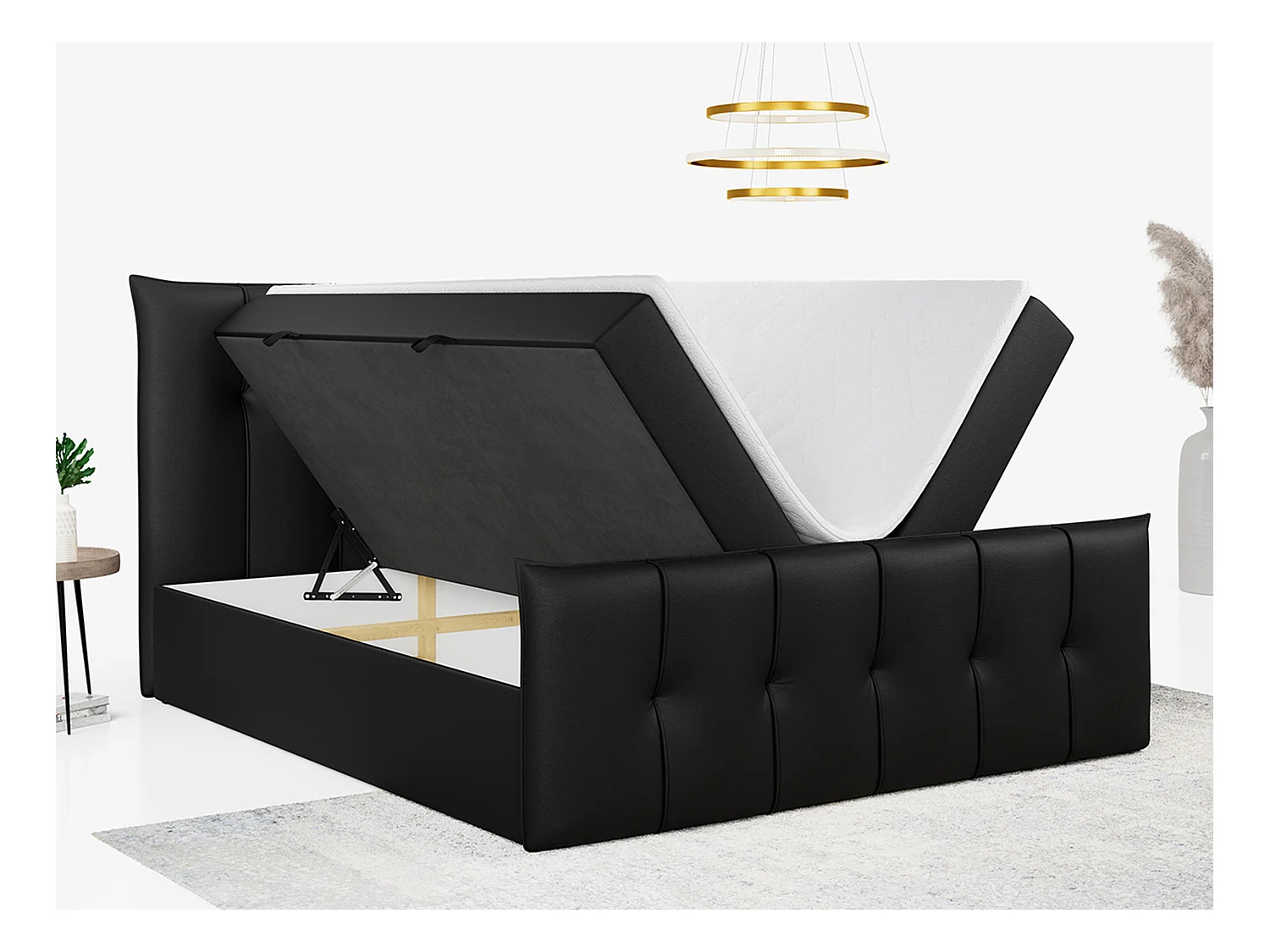 Boxspringbett PREMIUM 11 mit Stauraum, gestepptem Kopfteil, Multipocket-Matratze und Topper - 180x200 cm - H4 - Schwarz Kunstleder
