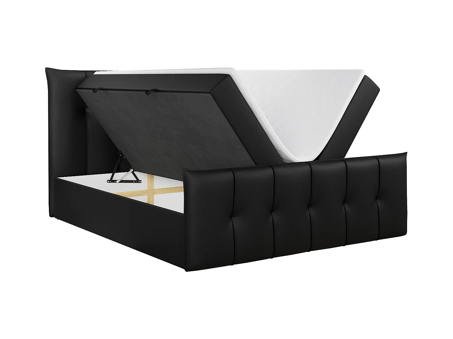 Boxspringbett PREMIUM 11 mit Stauraum, gestepptem Kopfteil, Multipocket-Matratze und Topper - 180x200 cm - H4 - Schwarz Kunstleder