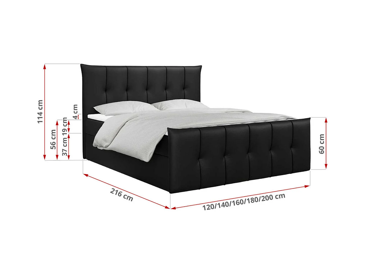 Boxspringbett PREMIUM 11 mit Stauraum, gestepptem Kopfteil, Multipocket-Matratze und Topper - 180x200 cm - H4 - Schwarz Kunstleder