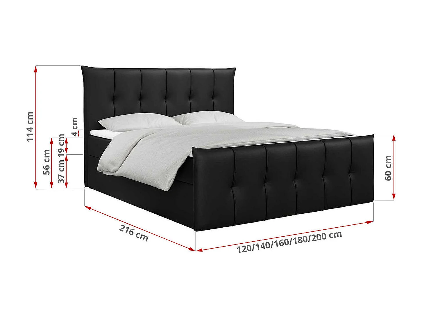 Boxspringbett PREMIUM 11 mit Stauraum, gestepptem Kopfteil, Multipocket-Matratze und Topper - 180x200 cm - H4 - Schwarz Kunstleder