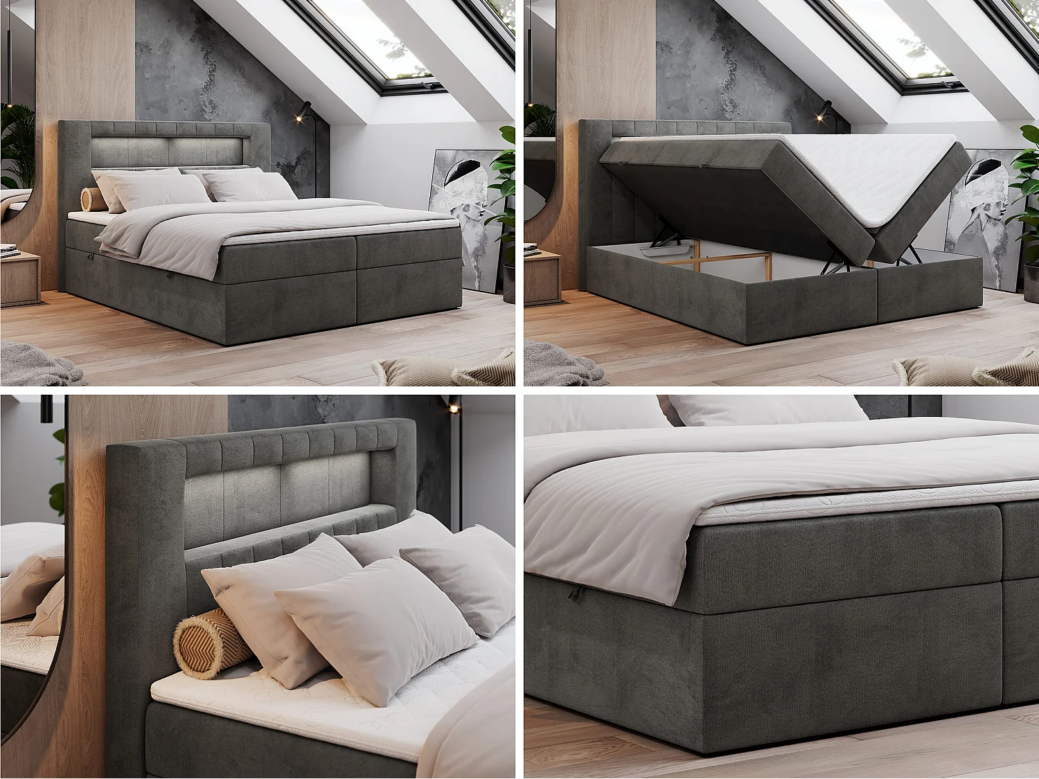 Lit boxspring avec 2 coffres - 2 matelas fermes + surmatelas mousse - Gris foncé Velours - 180x200 - GOLD 5