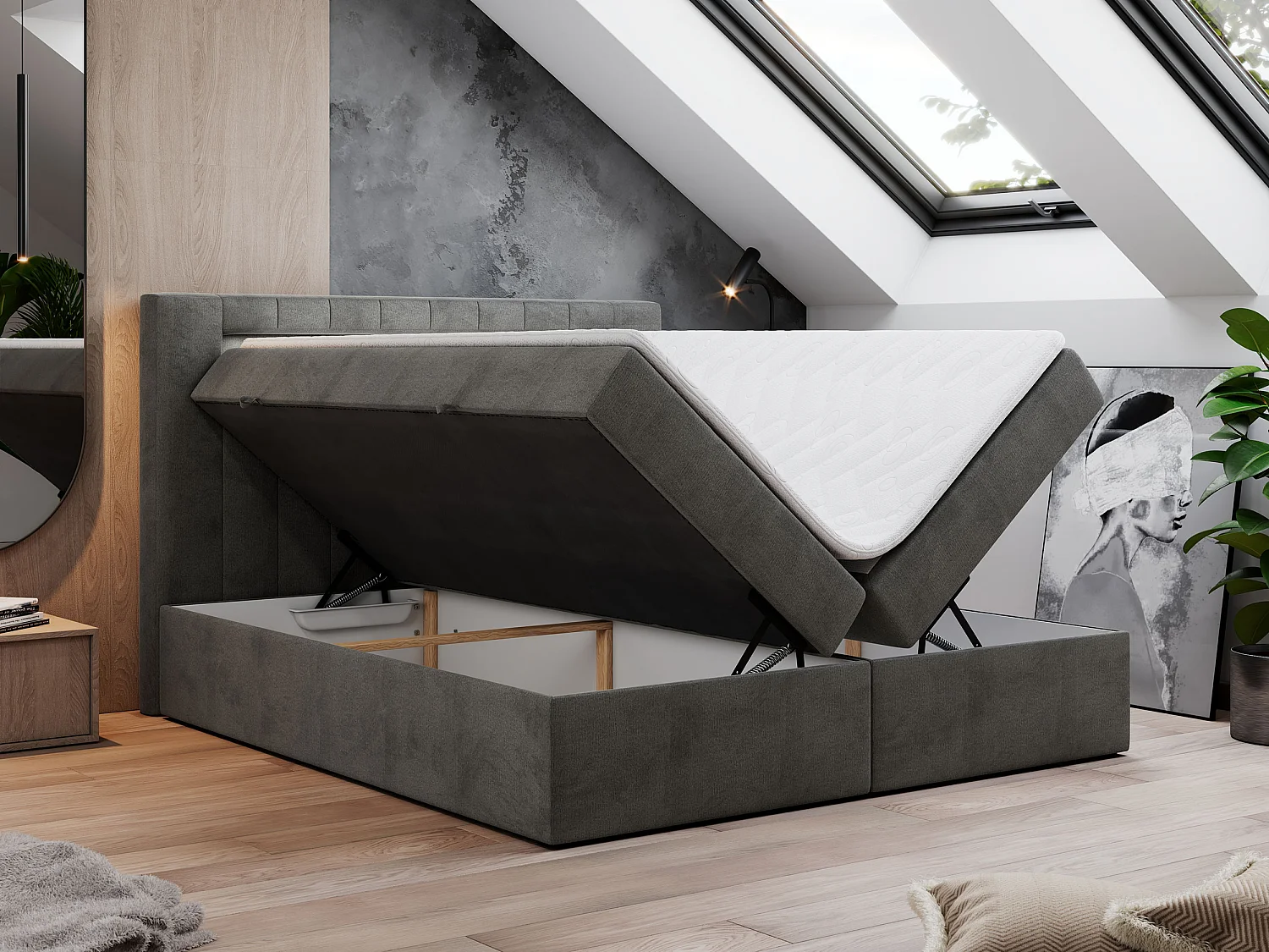 Lit boxspring avec 2 coffres - 2 matelas fermes + surmatelas mousse - Gris foncé Velours - 180x200 - GOLD 5