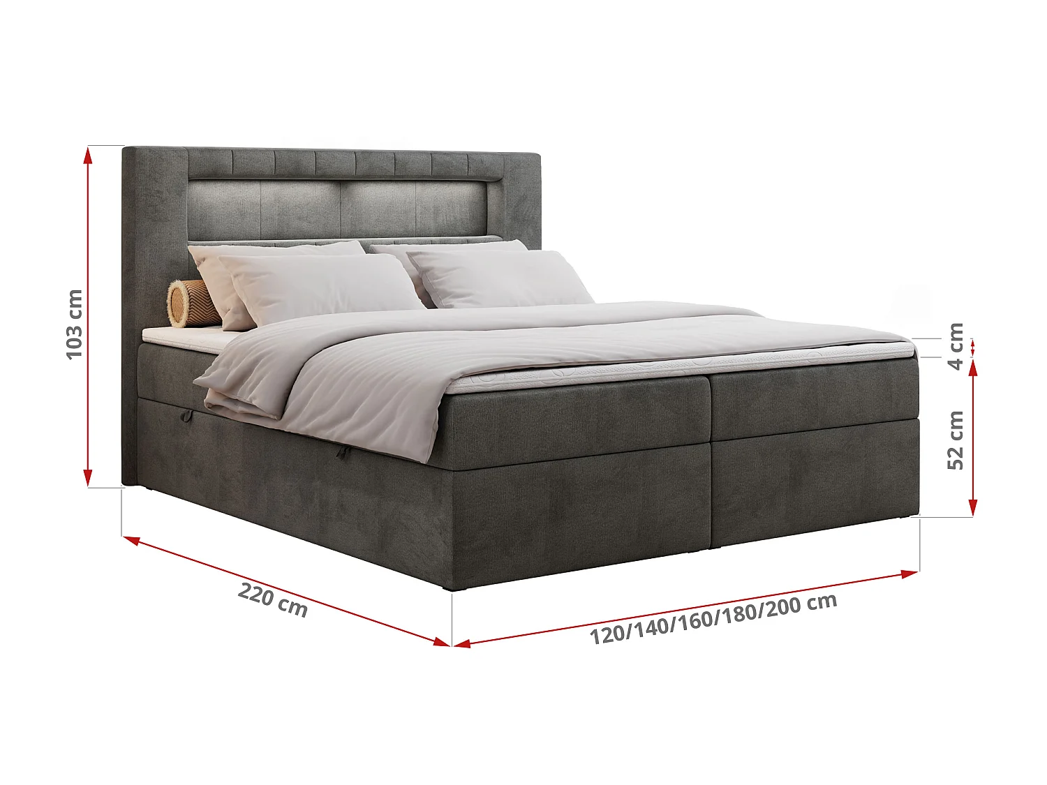 Lit boxspring avec 2 coffres - 2 matelas fermes + surmatelas mousse - Gris foncé Velours - 180x200 - GOLD 5