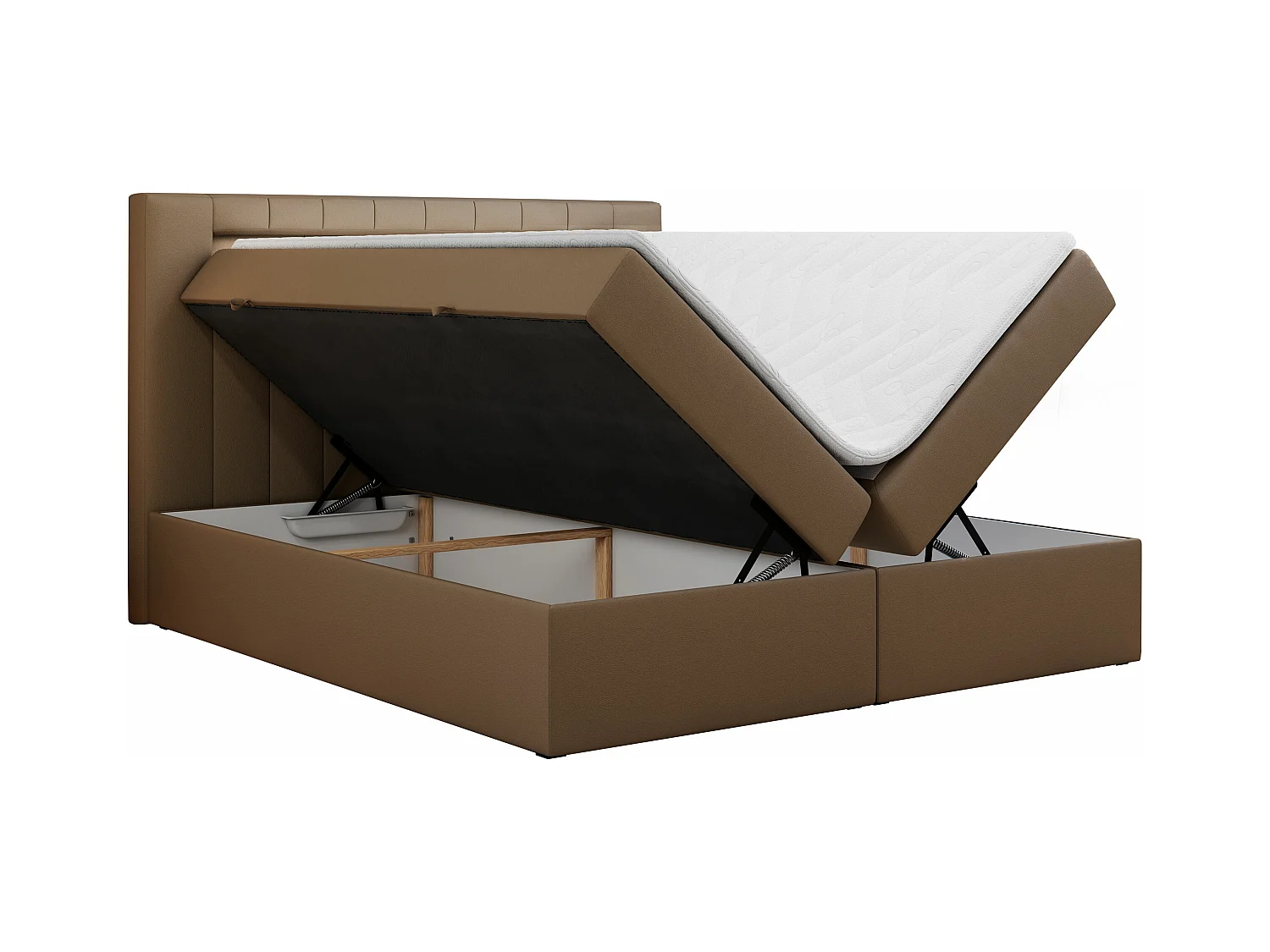 Boxspringbett GOLD 5 mit Multipocket-Matratze und LED, zwei Bettkästen - 180x200 cm - H4 - Braun Kunstleder