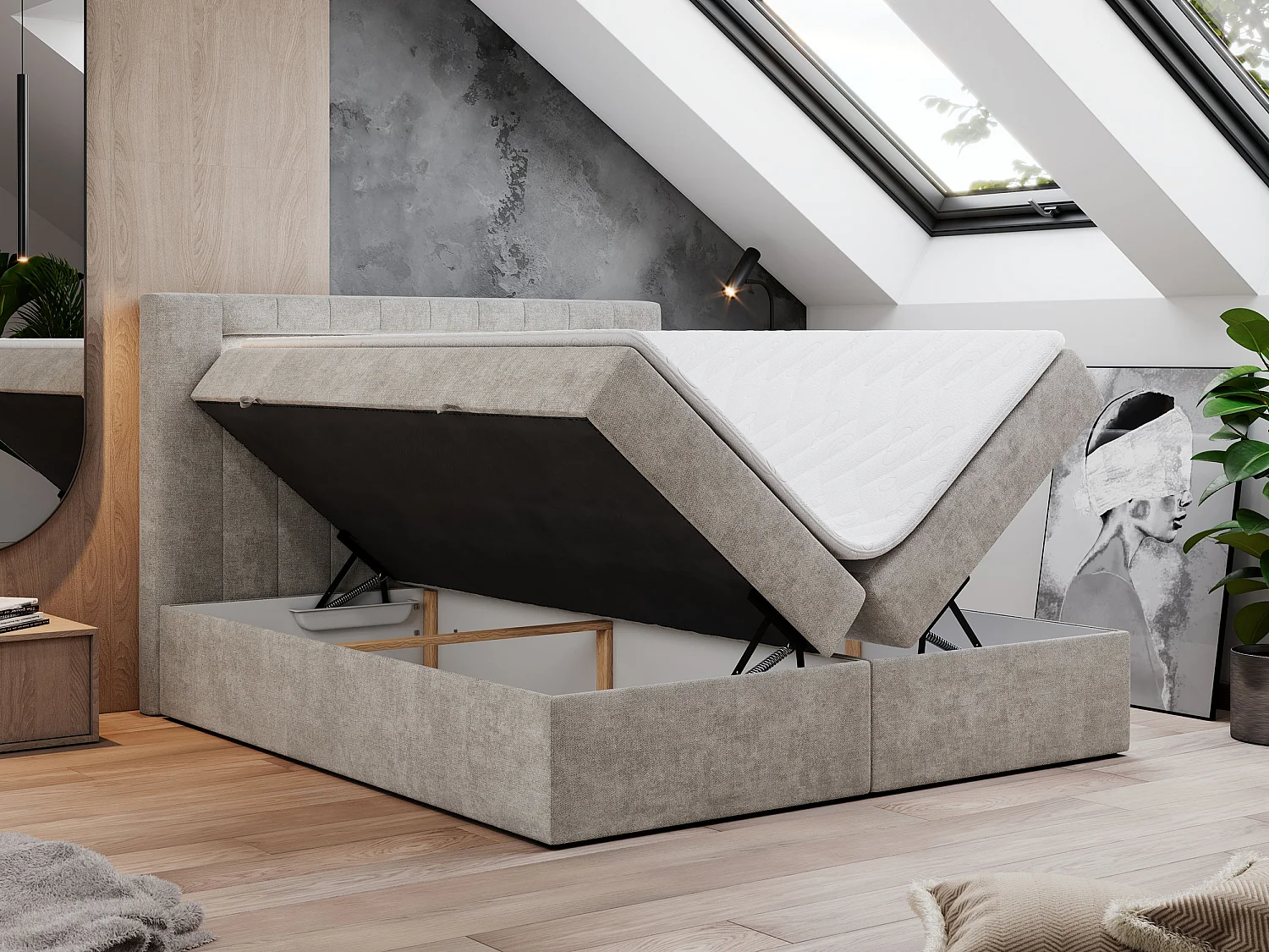 Boxspringbett GOLD 5 mit Multipocket-Matratze und LED, zwei Bettkästen - 180x200 cm - H4 - Beige Strukture