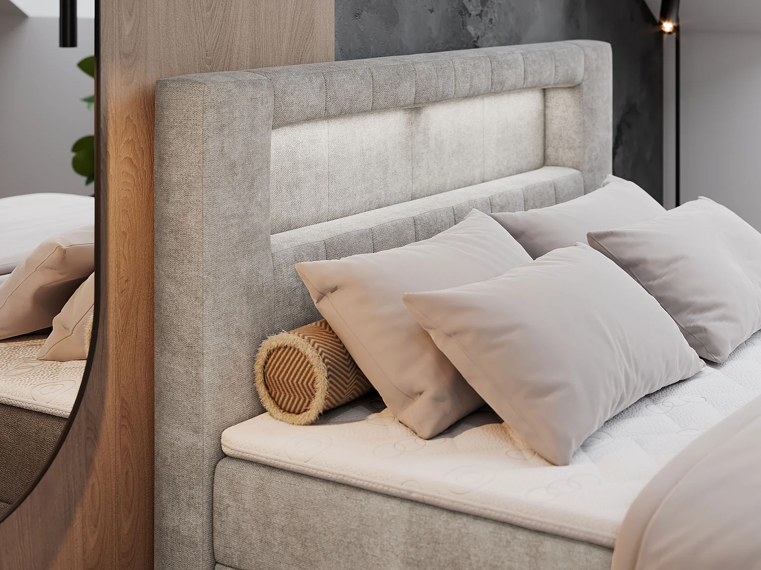 Boxspringbett GOLD 5 mit Multipocket-Matratze und LED, zwei Bettkästen - 180x200 cm - H4 - Beige Strukture