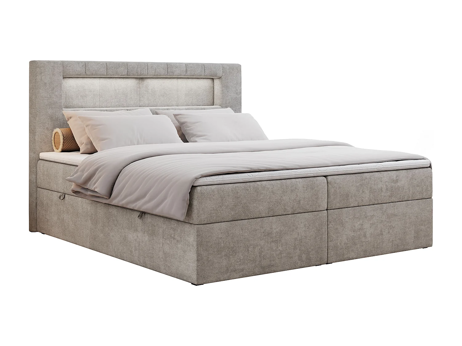 Boxspringbett GOLD 5 mit Multipocket-Matratze und LED, zwei Bettkästen - 180x200 cm - H4 - Beige Strukture