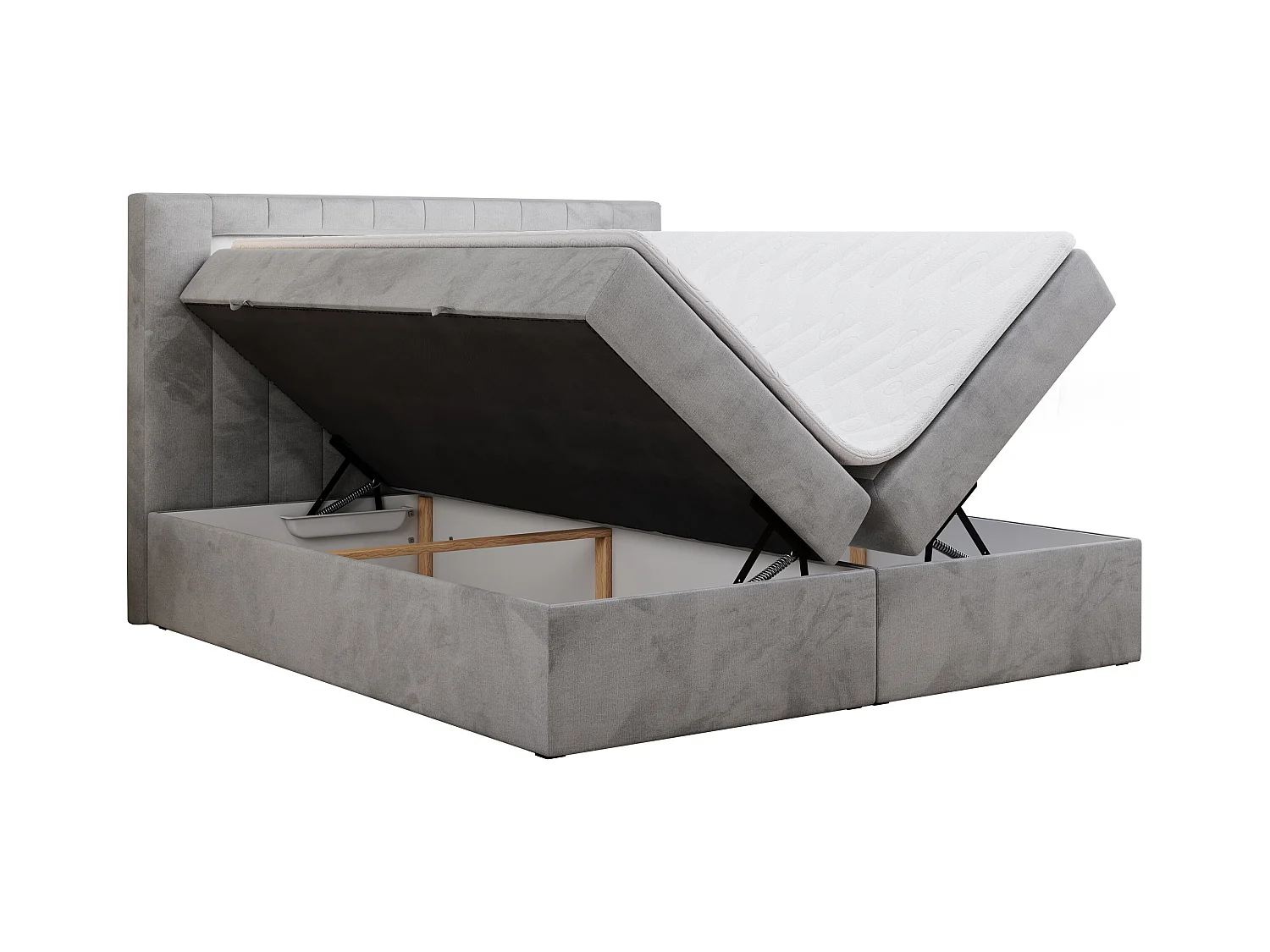 Boxspringbett GOLD 5 mit Multipocket-Matratze und LED, zwei Bettkästen - 200x200 cm - H4 - Hellgrau Velvet