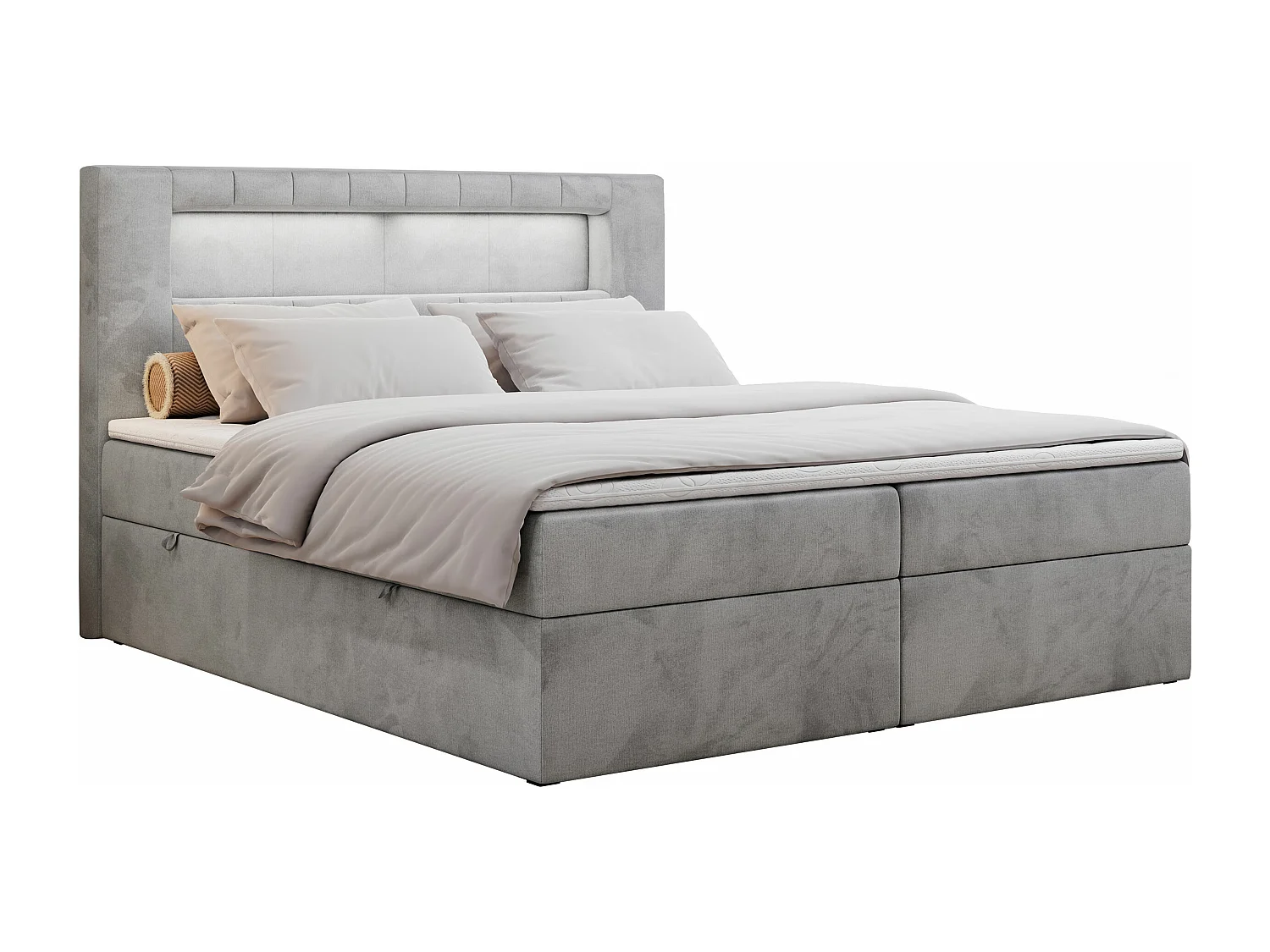 Boxspringbett GOLD 5 mit Multipocket-Matratze und LED, zwei Bettkästen - 200x200 cm - H4 - Hellgrau Velvet