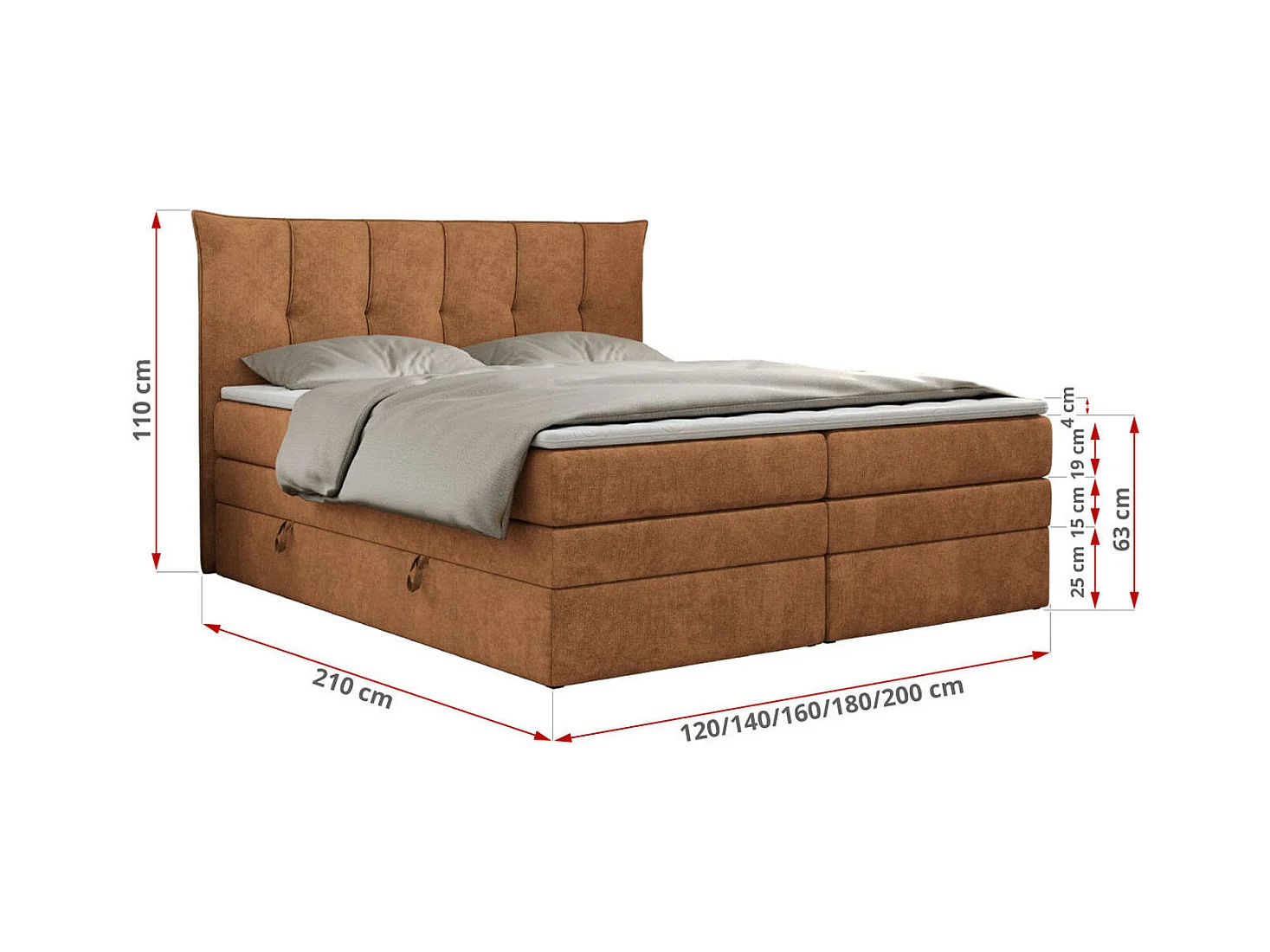 Boxspringbett PREMIUM 10 KING, Doppelbett mit Stauraum, gesteppte Kopfstütze, Multipocket-Matratze - 160x200 cm - H3 - Orange Strukture