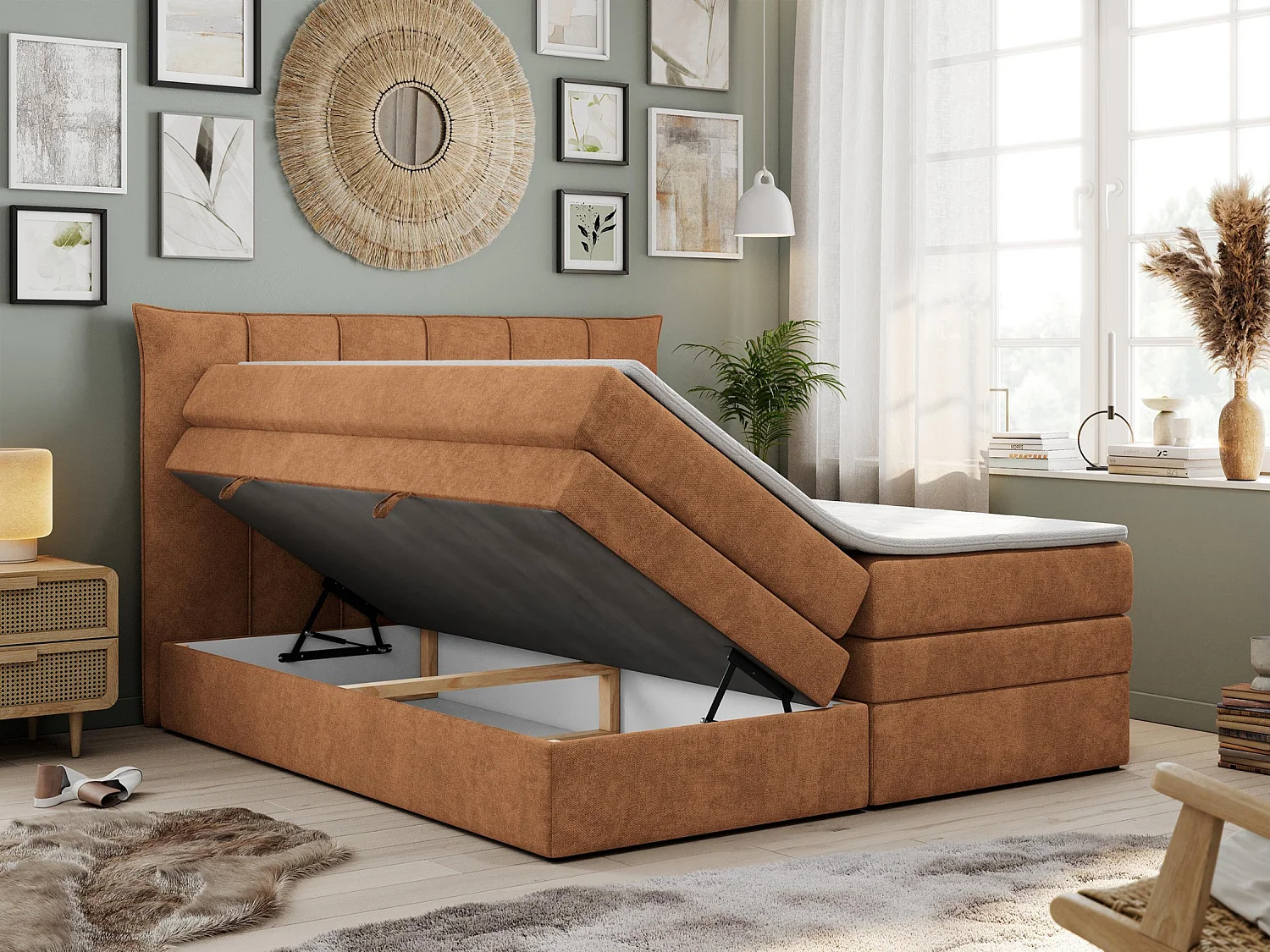 Boxspringbett PREMIUM 10 KING, Doppelbett mit Stauraum, gesteppte Kopfstütze, Multipocket-Matratze - 160x200 cm - H3 - Orange Strukture