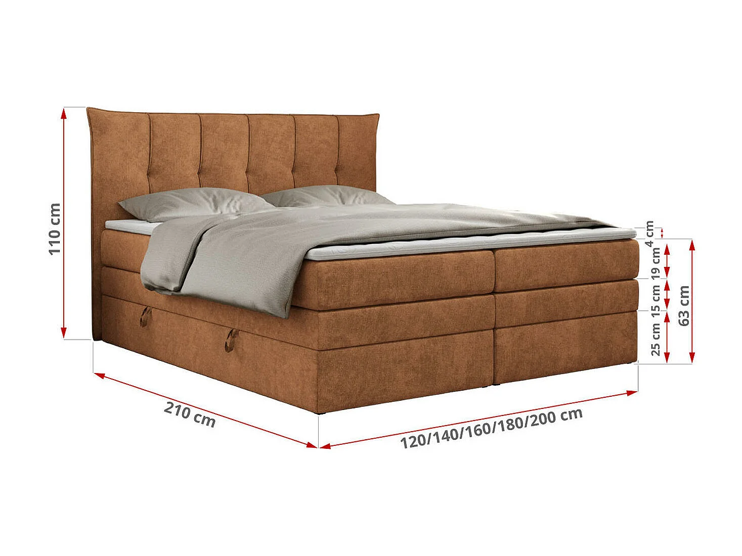 Boxspringbett PREMIUM 10 KING, Doppelbett mit Stauraum, gesteppte Kopfstütze, Multipocket-Matratze - 160x200 cm - H3 - Orange Strukture