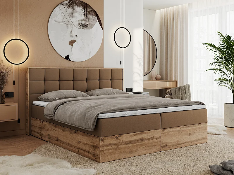 Boxspringbett ALBERO 1, Polsterbett mit gestepptem Kopfteil, Multipocket-Matratze - 160x200 cm - H3 - Braun Kunstleder