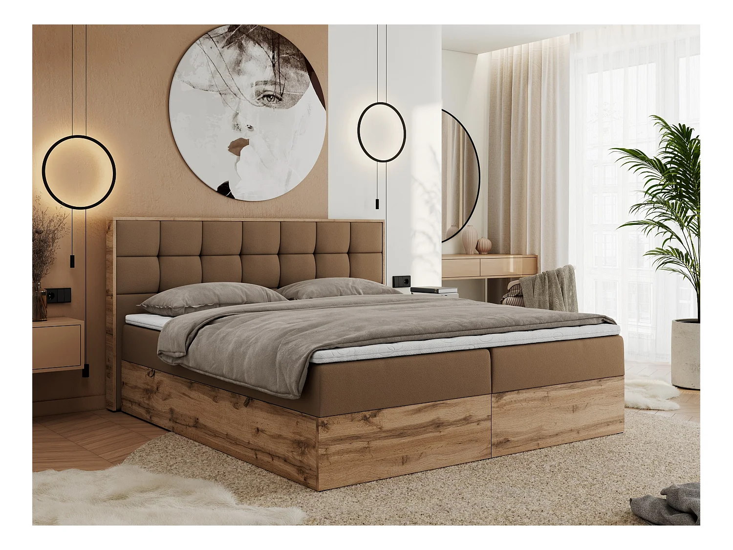 Boxspringbett ALBERO 1, Polsterbett mit gestepptem Kopfteil, Multipocket-Matratze - 160x200 cm - H3 - Braun Kunstleder