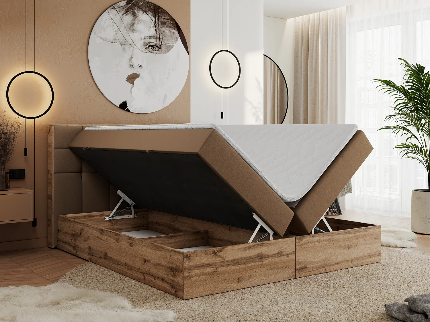 Boxspringbett ALBERO 1, Polsterbett mit gestepptem Kopfteil, Multipocket-Matratze - 160x200 cm - H3 - Braun Kunstleder