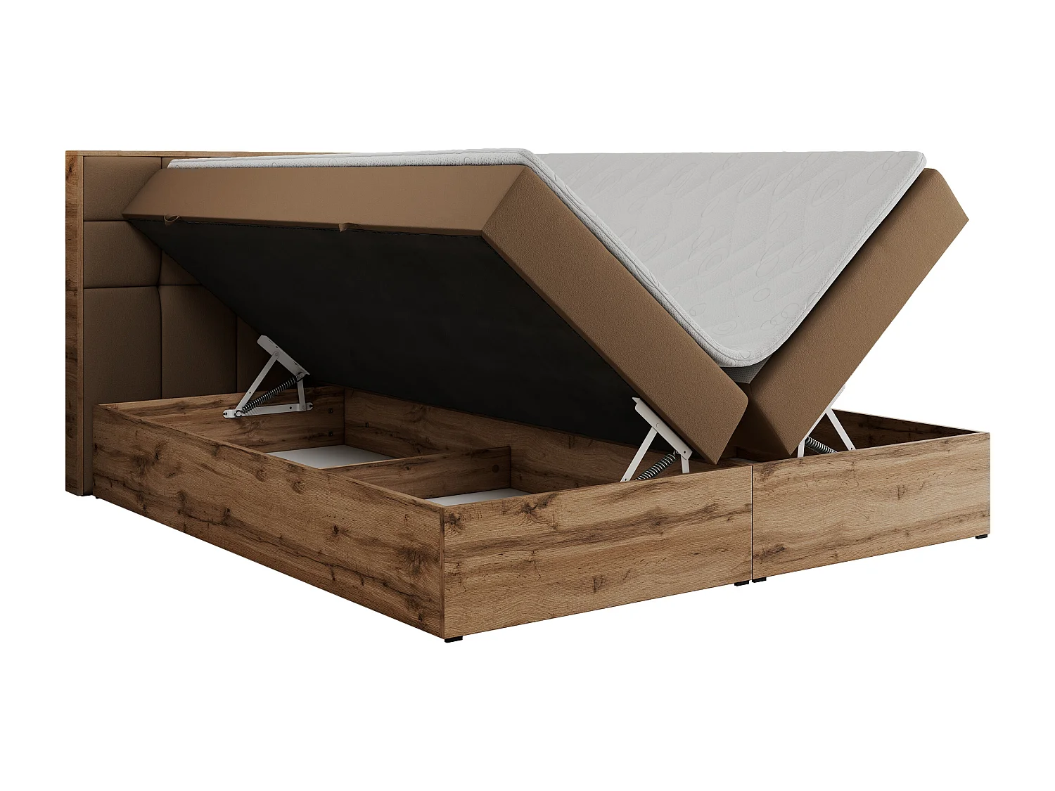 Boxspringbett ALBERO 1, Polsterbett mit gestepptem Kopfteil, Multipocket-Matratze - 160x200 cm - H3 - Braun Kunstleder