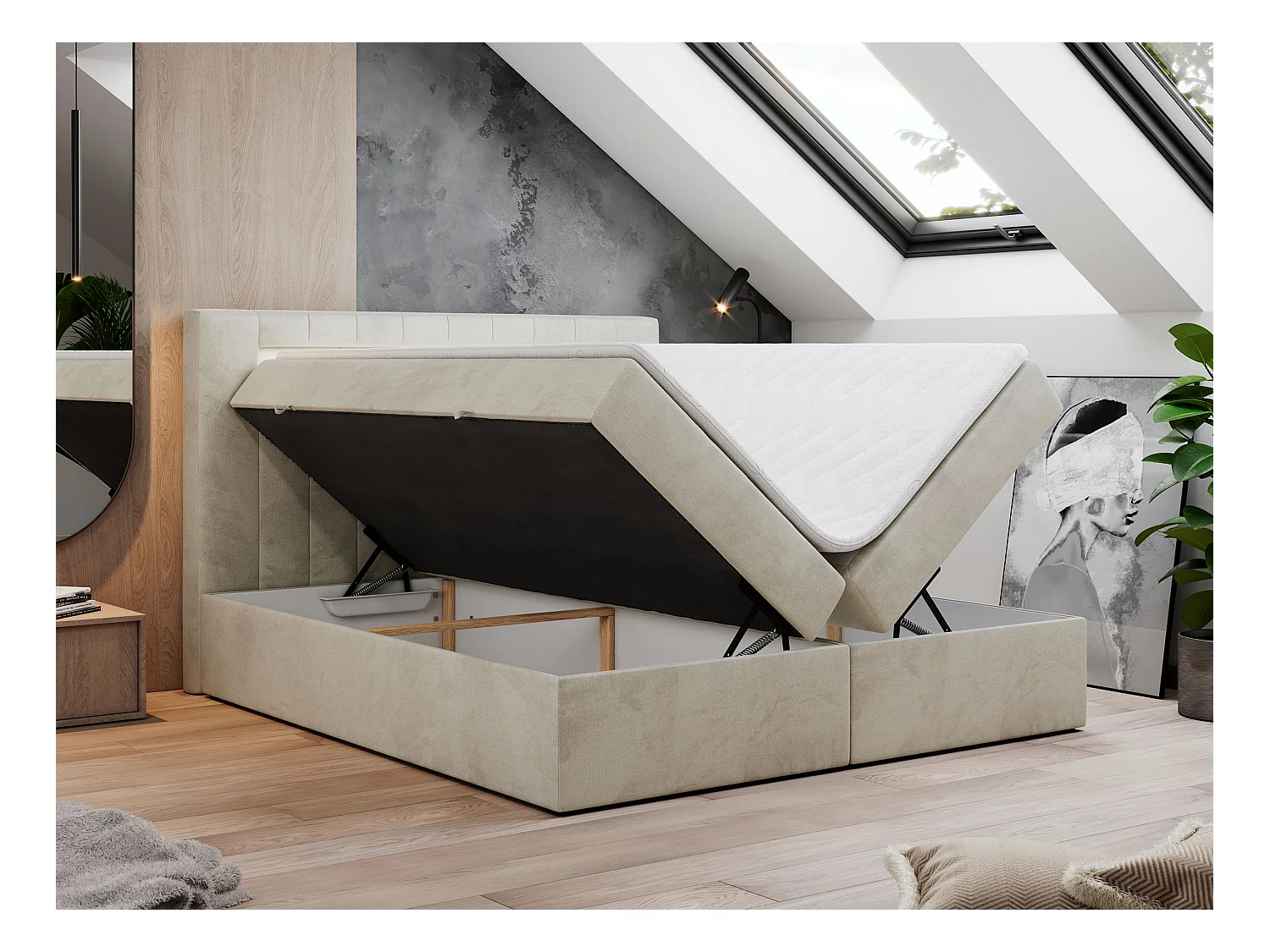 Boxspringbett GOLD 5 mit Multipocket-Matratze und LED, zwei Bettkästen - 160x200 cm - H4 - Beige Velvet