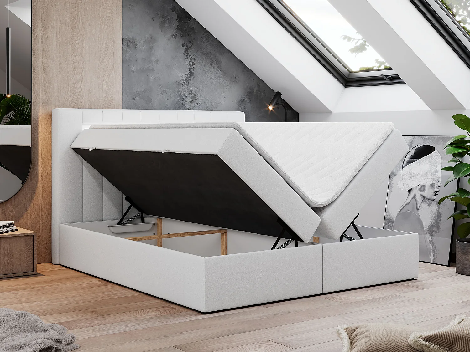 Boxspringbett GOLD 5 mit Multipocket-Matratze und LED, zwei Bettkästen - 200x200 cm - H4 - Weiß Kunstleder